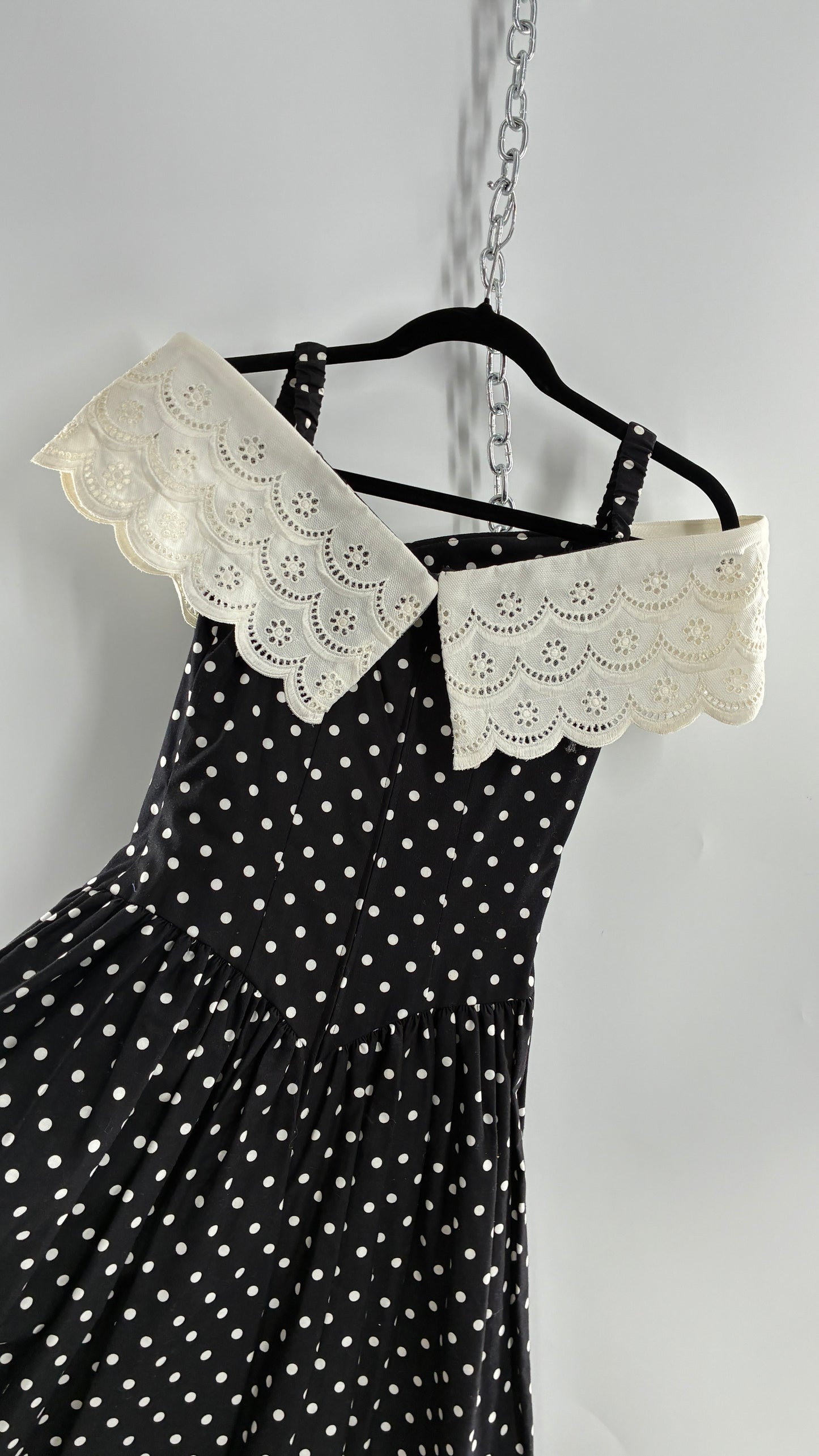 Vintage Handmade Black and White Polka Dot Pointed Waistline Gown with Off the Shoulder Stiff Lace Straps and Rosette Detail (8)