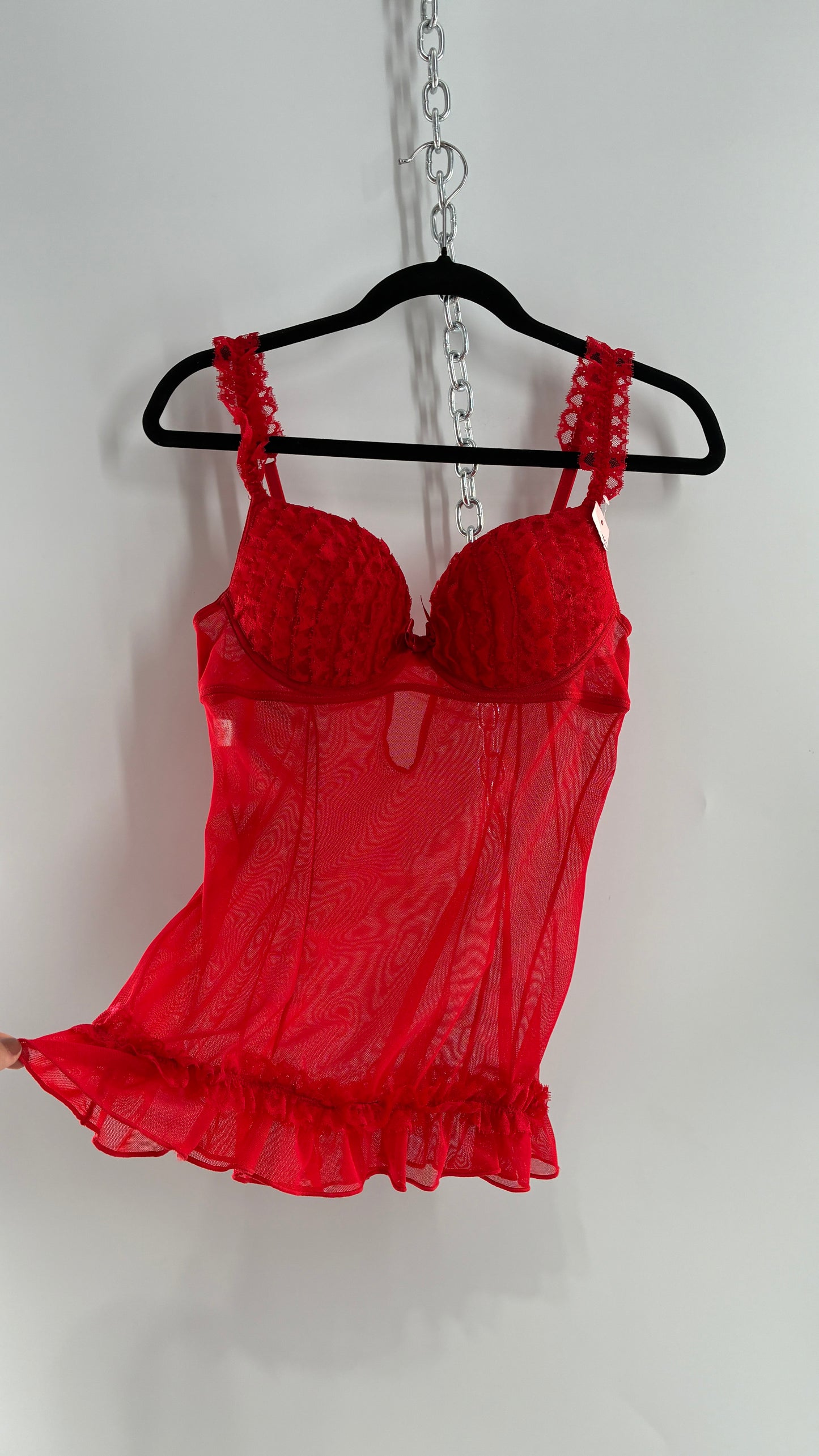 Deadstock Vintage Babydoll Bustier with Ruffled Cups, Lace Straps and Ruffled Lace Hem (34C)