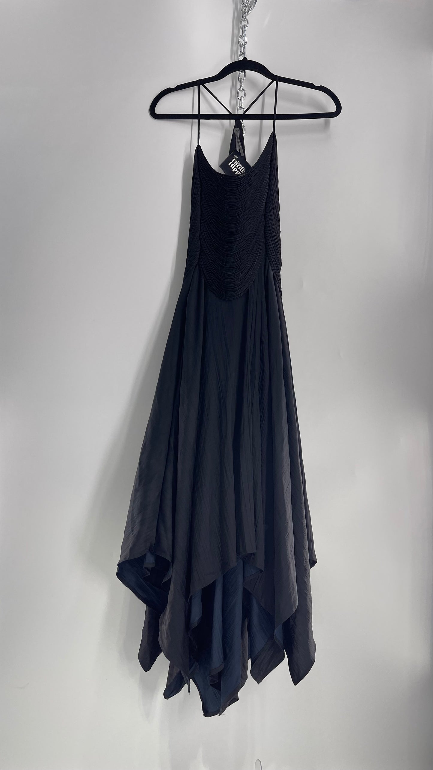 Anthropologie Black Handkerchief Hem Midi Dress with Heavy Draped Rope Bodice (4)