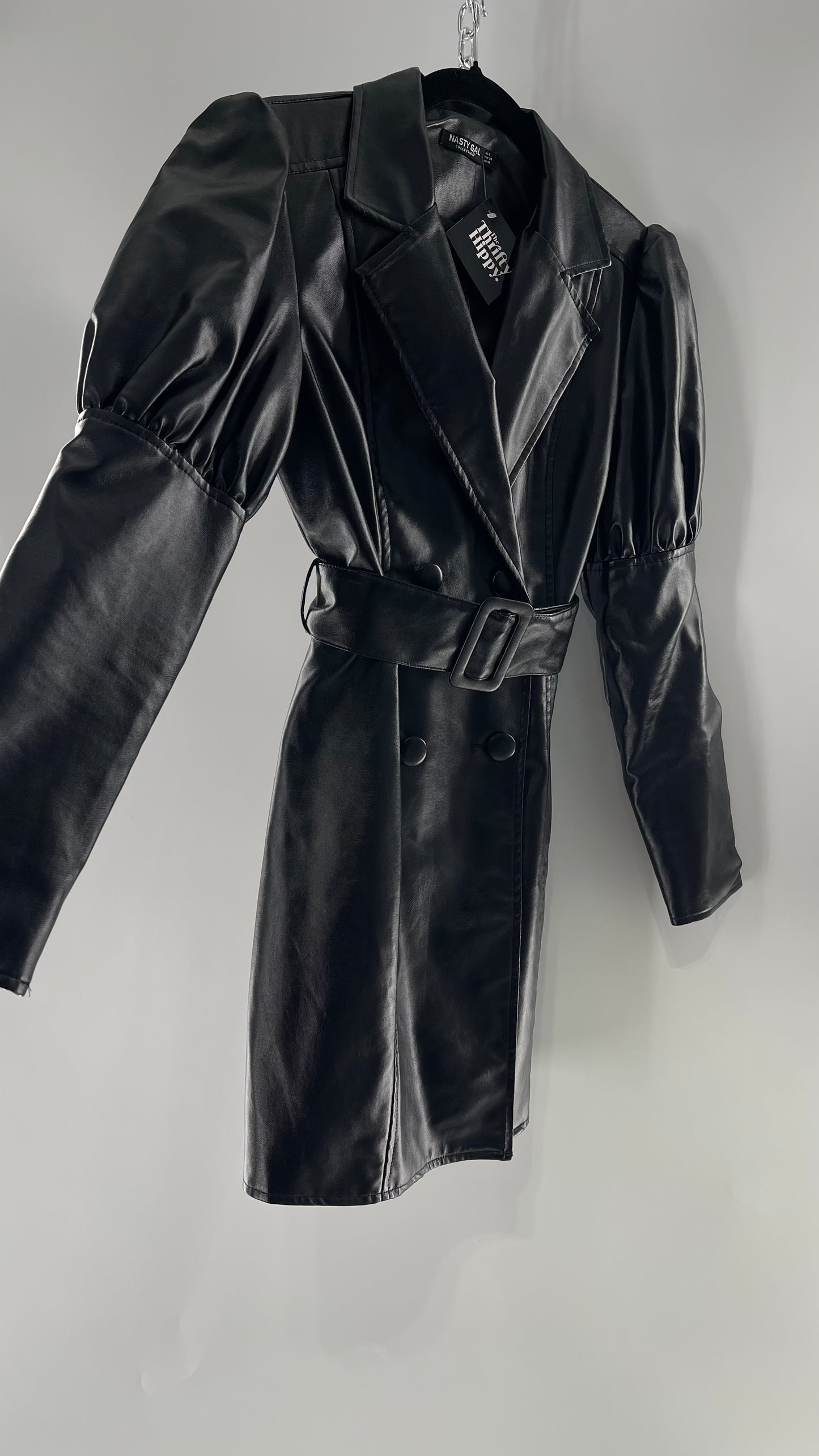 NASTYGAL Black Patent Pleather Puff Shoulder Belted Trench Coat (C)(6)