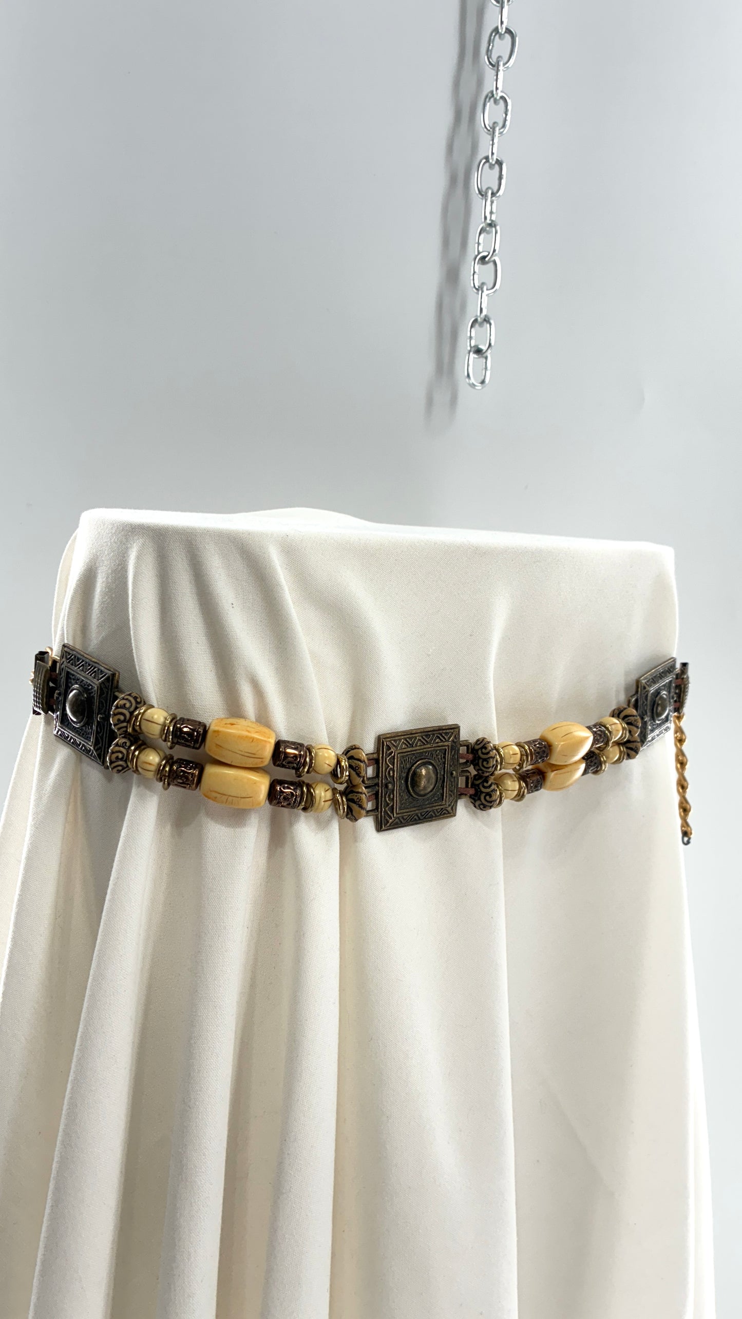 Vintage Beaded Chain Belt with Metal Square Medallions