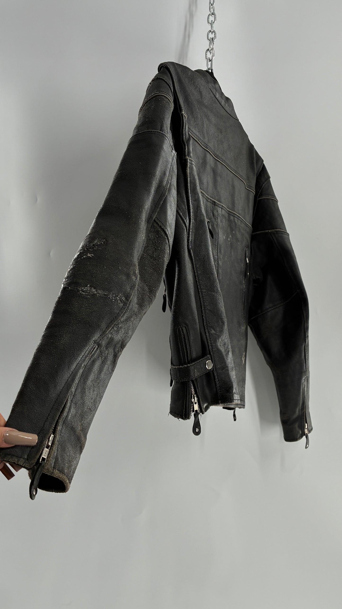 Vintage Distressed Genuine Leather Motorcycle Jacket with Zippered Pockets, Cuffs, and Sides (Large)