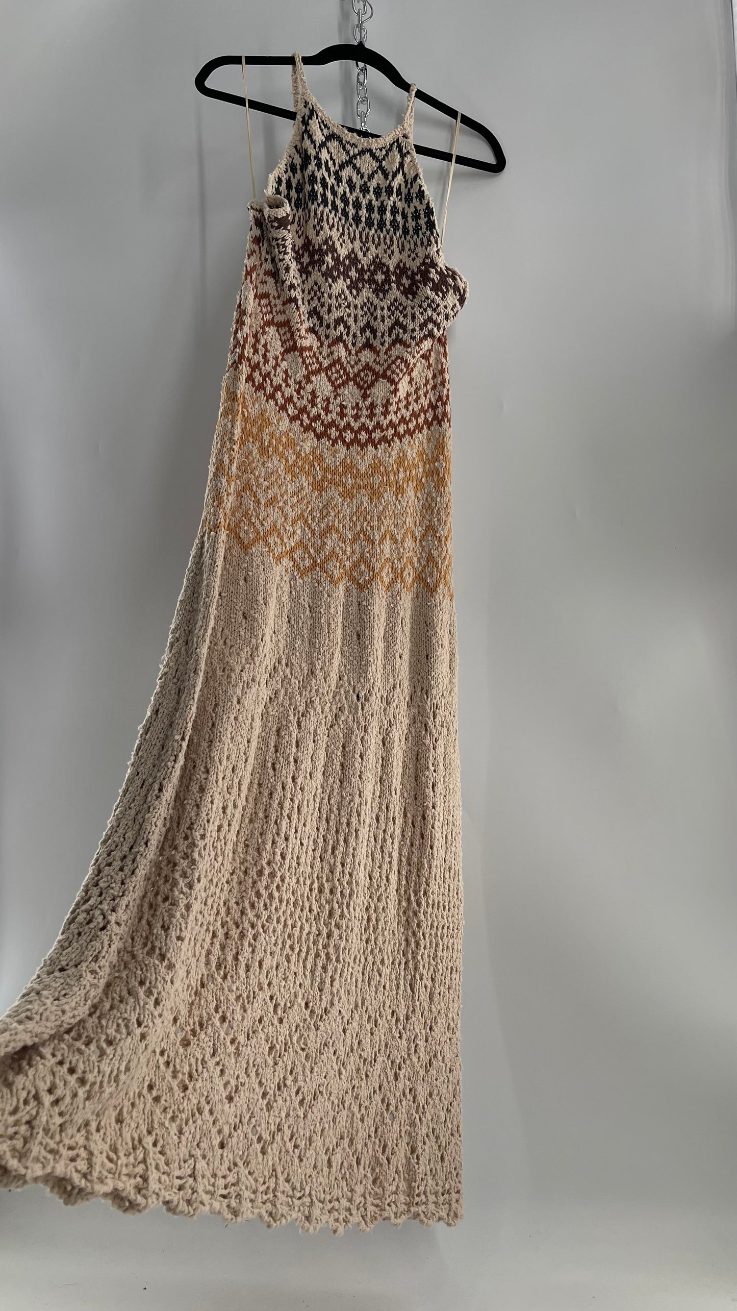 Free People Beige Ikat Oasis Knit Halter Maxi Dress (Small)