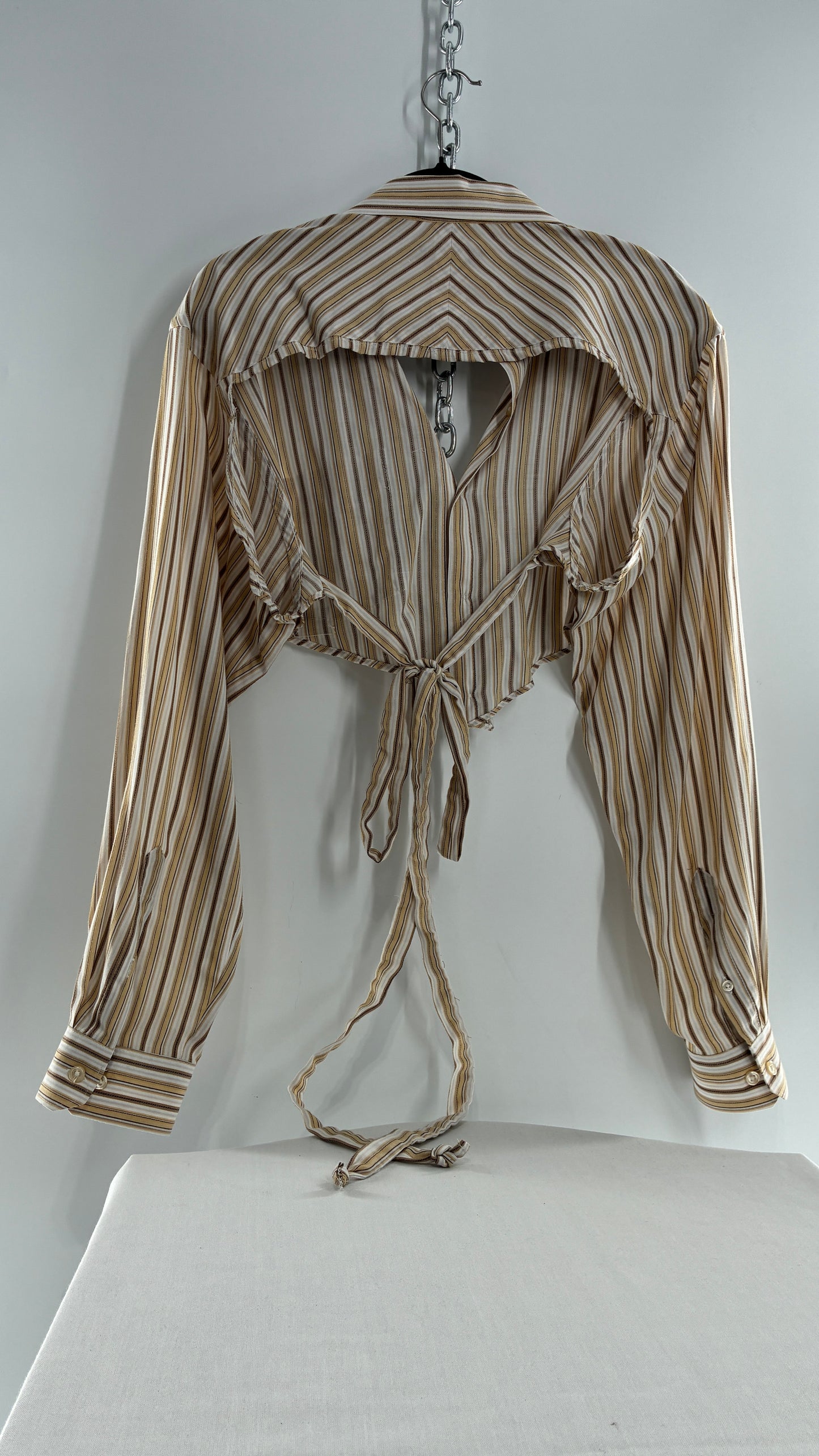 Vintage VAN HEUSEN Reworked Button Front Backless Mustard Yellow, Brown Striped Blouse (One Size)
