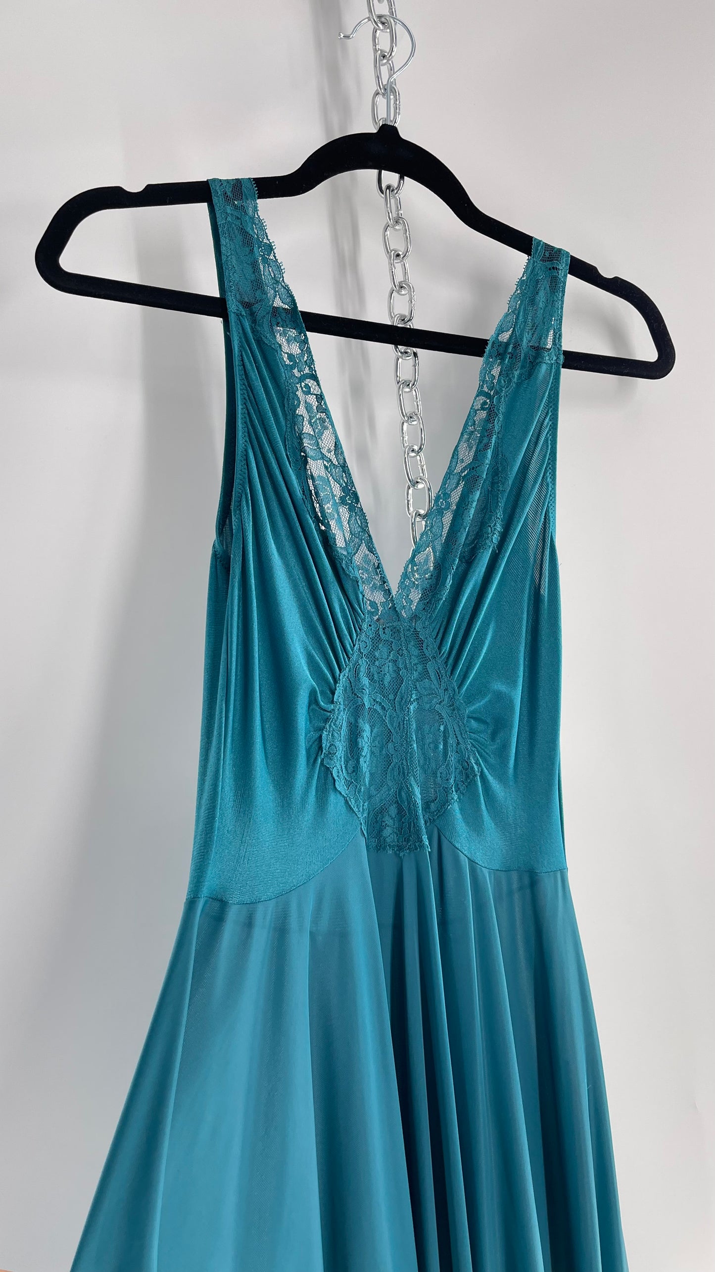 Vintage Olga Intimates Floor Length Voluminous Blue Jewel Toned Maxi Dress/Night Gown with Lace Bust (Small)