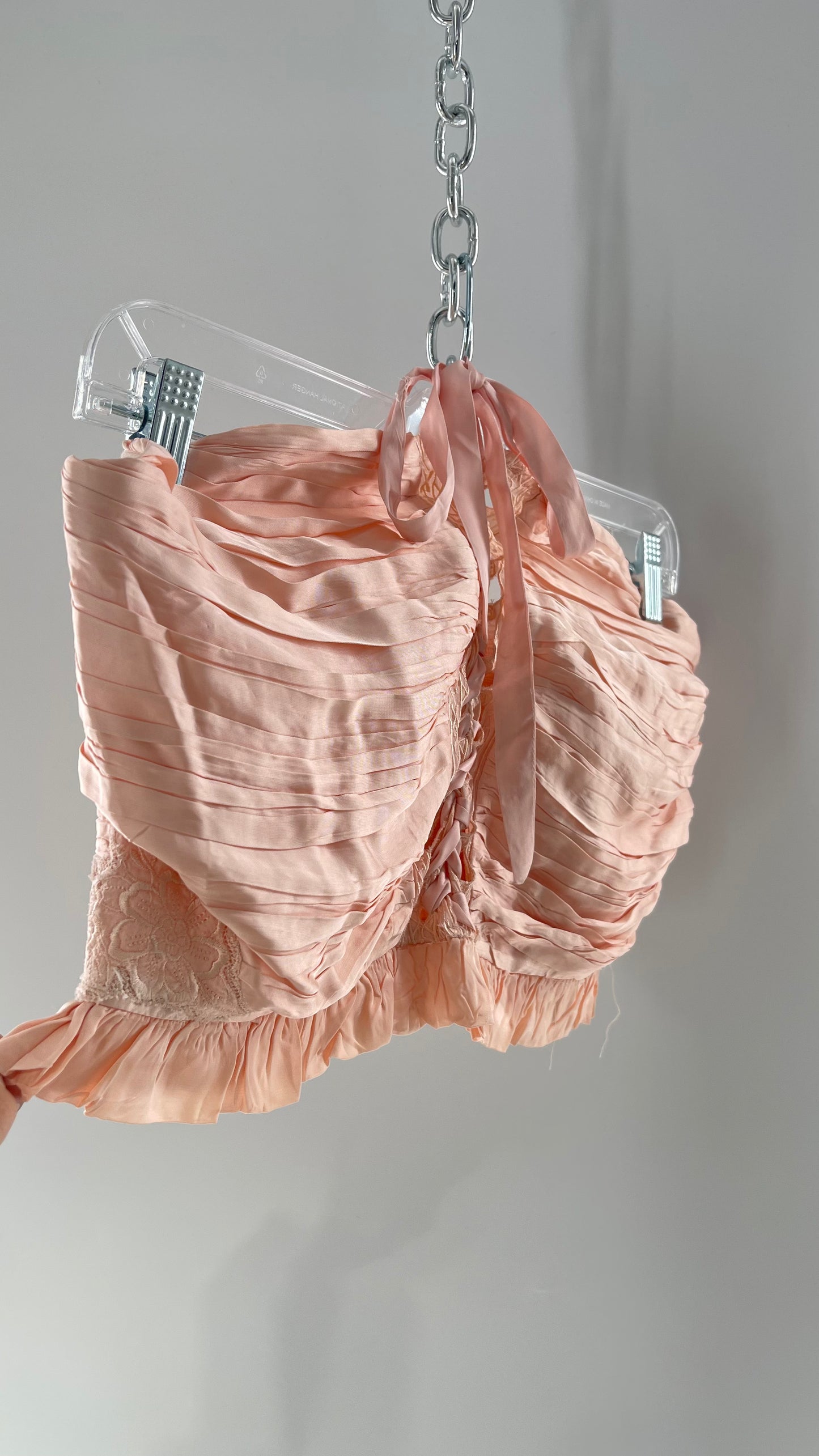 Free People Pink Viscose Pleated Tube Top with Ribbon Lace Up Bodice, Embroidered Flower Detail, and Ruffled Hem (Large)