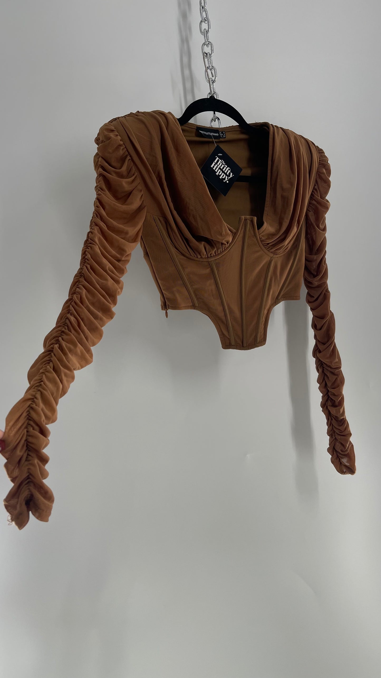 PRETTY LITTLE THING Brown Ruched Sleeve, Draped Bust, Corset Top (XS)