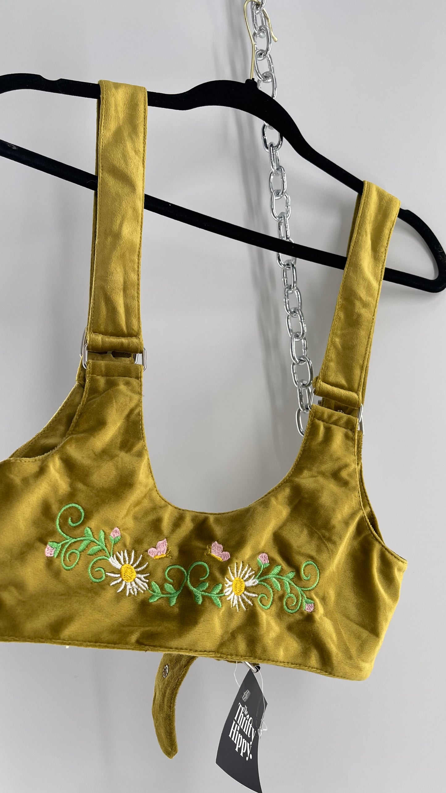 Urban Outfitters Greenish Gold Velour Body Harness with Embroidered Daisies and Butterflies (Large)