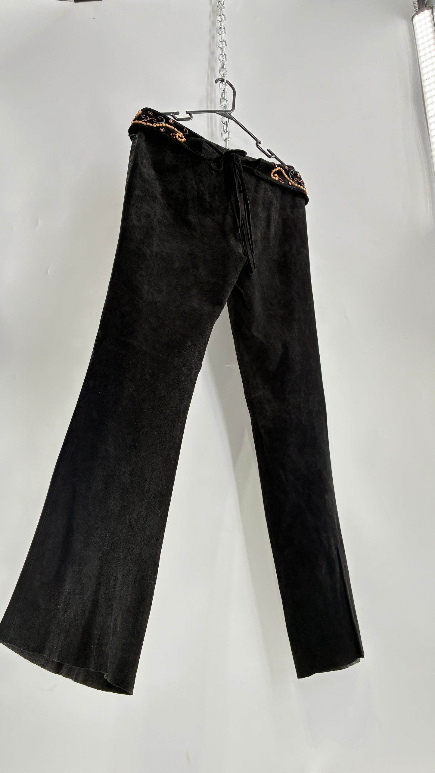 Vintage Margaret Godfrey Black Genuine Suede Leather Kick Flares with Wide Beaded Belt (10)