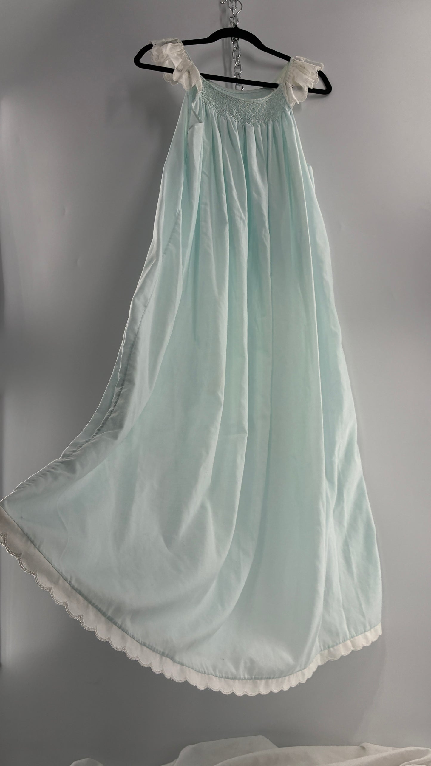 Vintage Baby Blue Nightgown Maxi with White Scalloped Lace Straps and Hem (Medium)