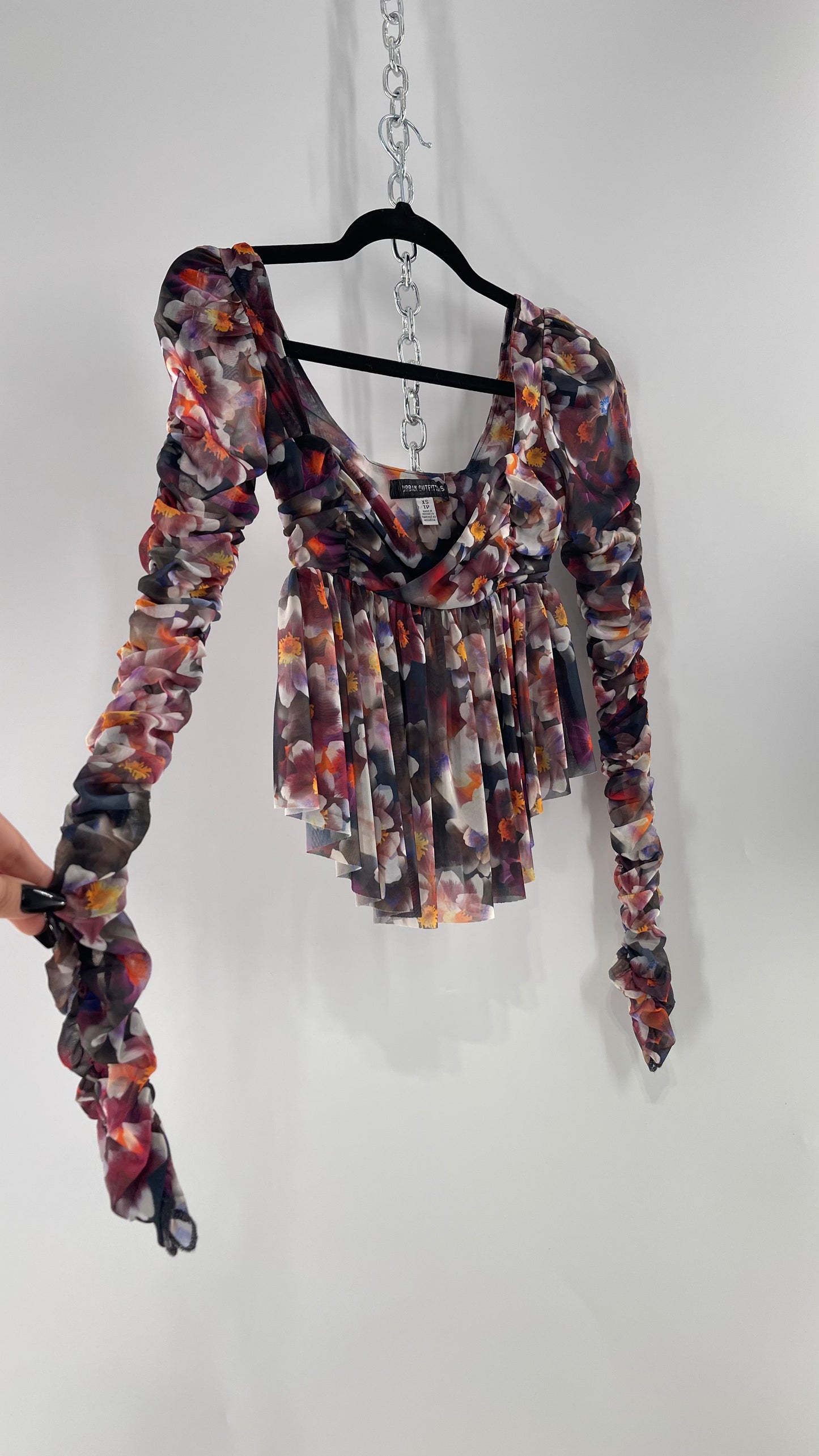 Urban Outfitters Psychedelic Floral Mesh Cropped Blouse with Ruched Sleeves and Pleated Hem (XS)