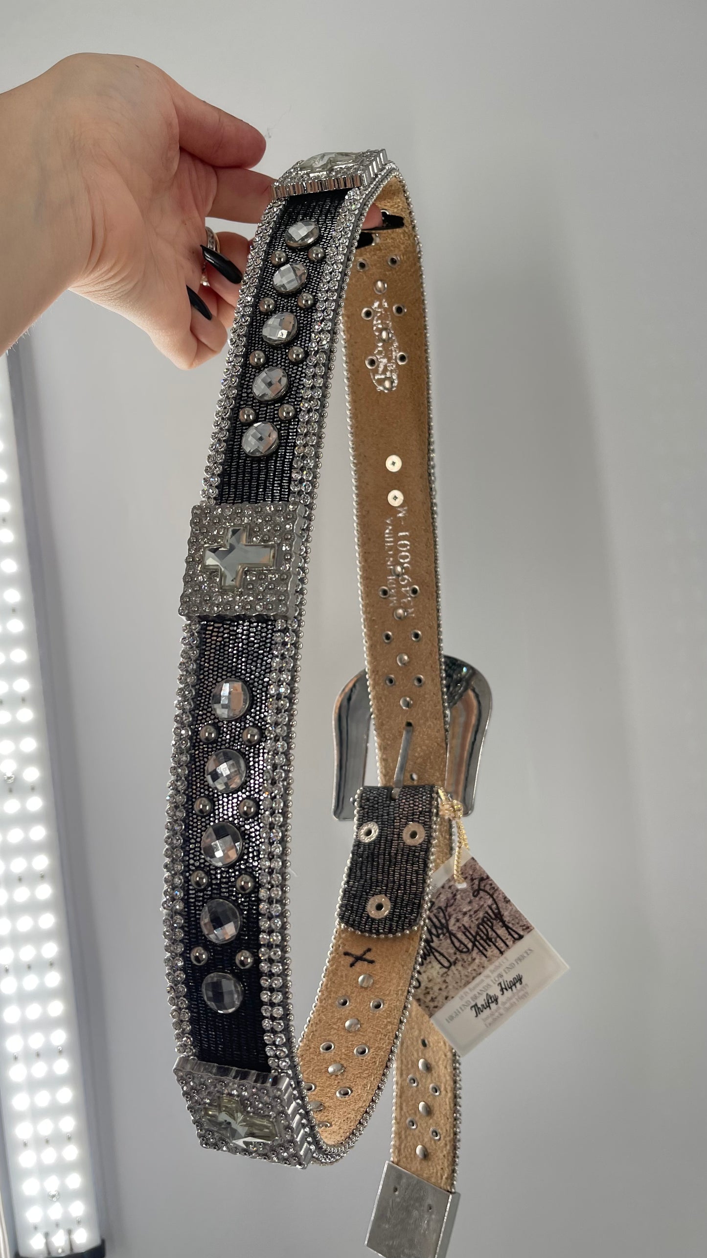 Free People Dark Silver Metallic Snake Print Belt covered in Crystal Embellishments and Heavy Metal Crosses (M)
