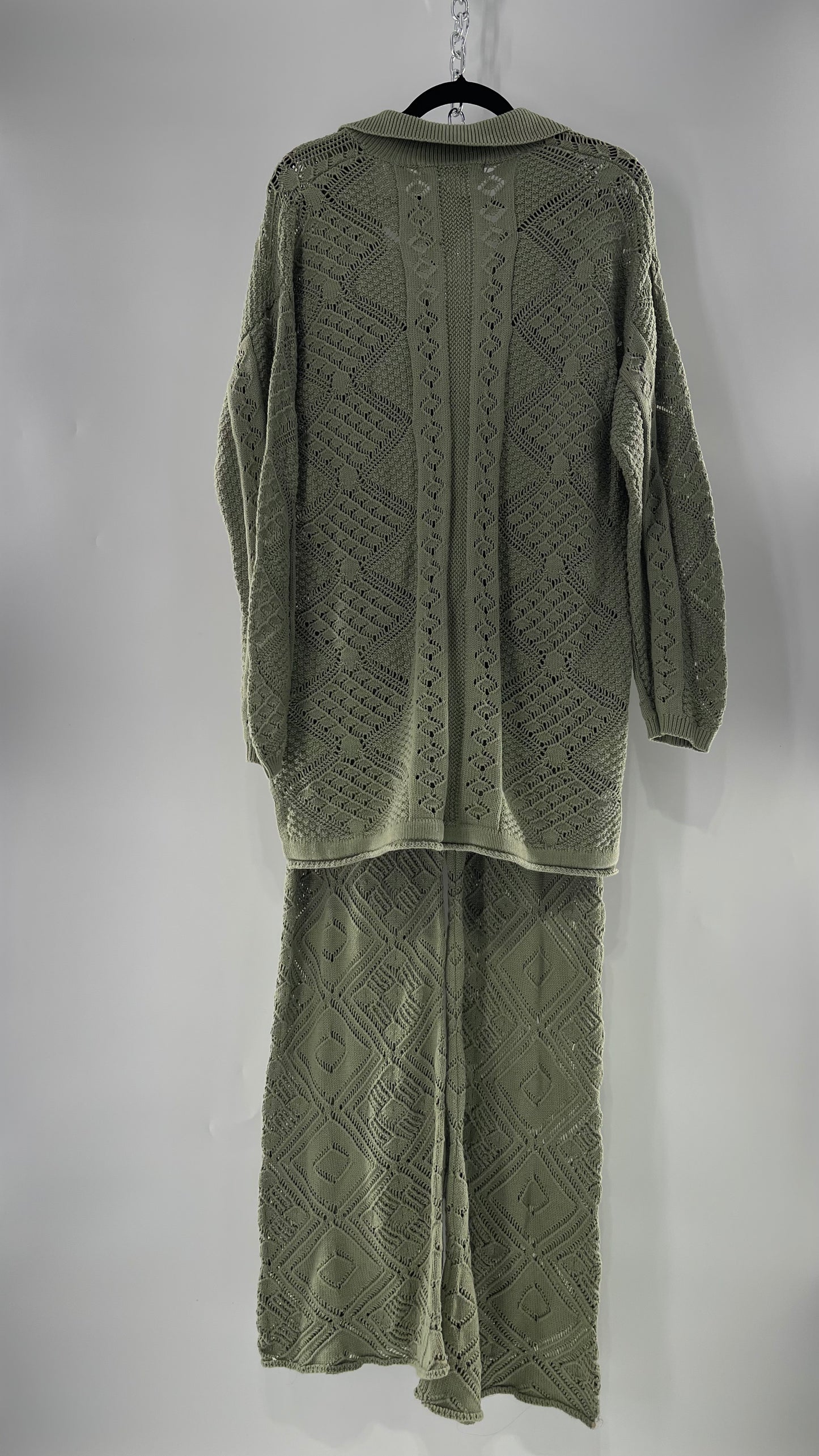 Free People Beach Sage Green Crochet Wooden Button Front Cardigan and Wide Leg Set (Medium)