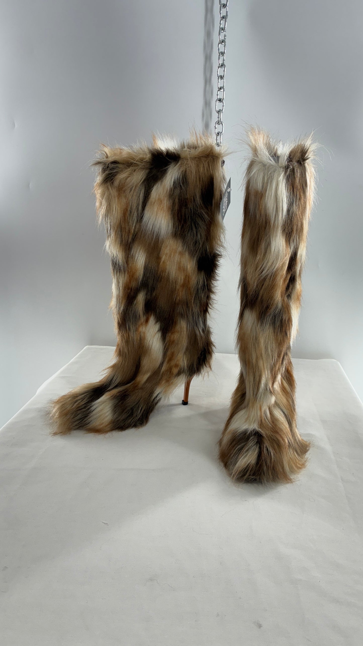Vintage Mixed Tone Vegan Fur, Knee High, Pointed Toe Boots (43)