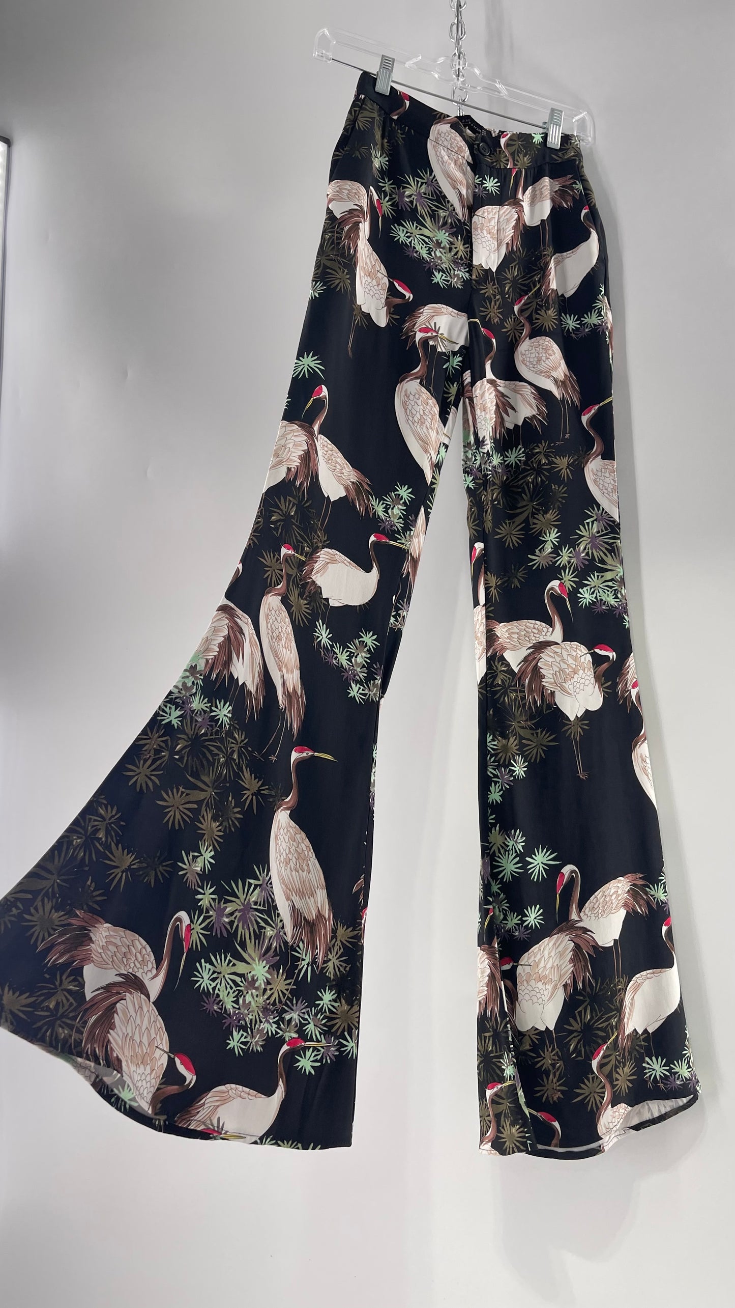 Zara Black Crane Printed Graphic Pocketed Flare Trousers (XS)