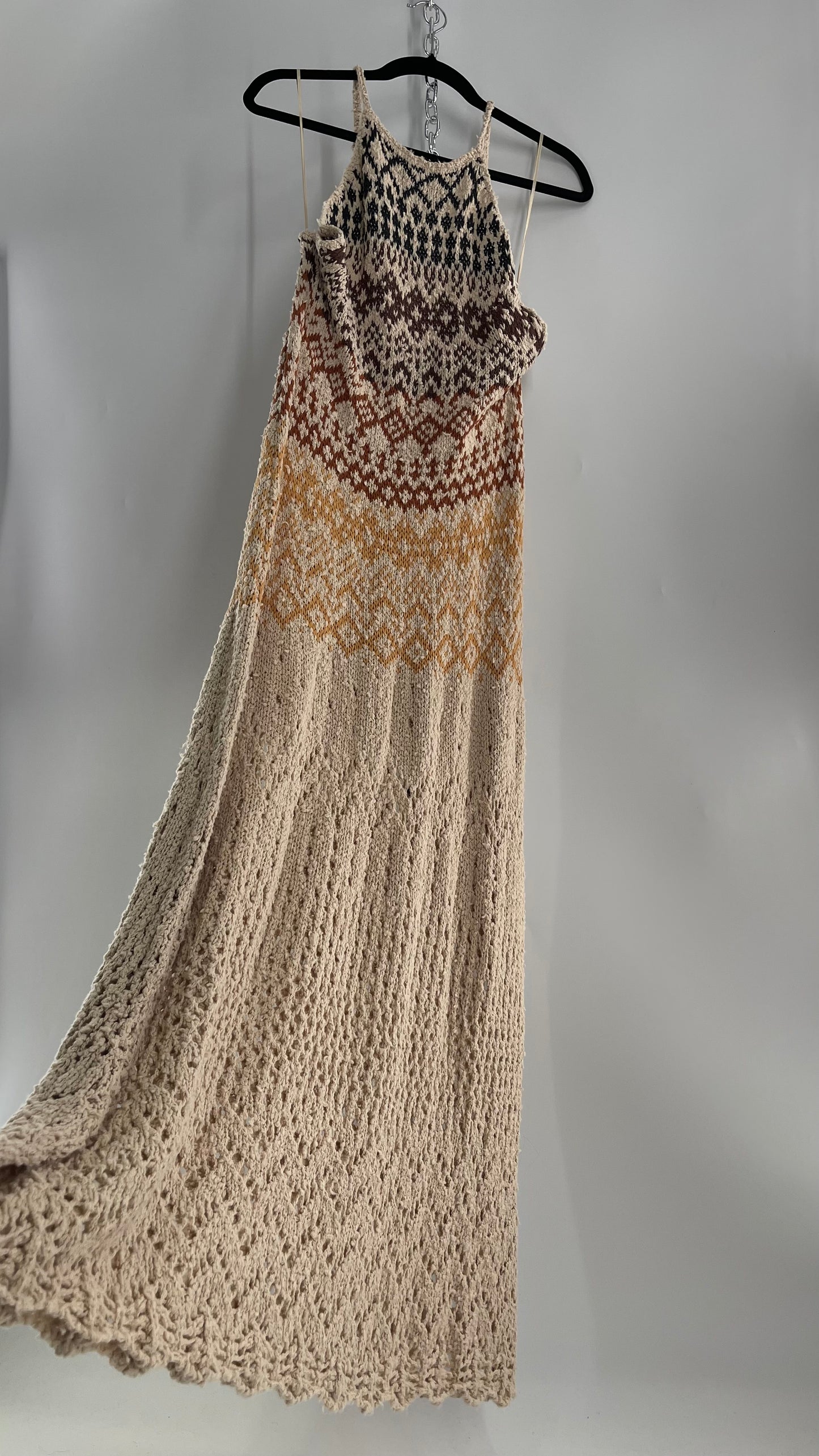 Free People Beige Ikat Oasis Knit Halter Maxi Dress (Small)