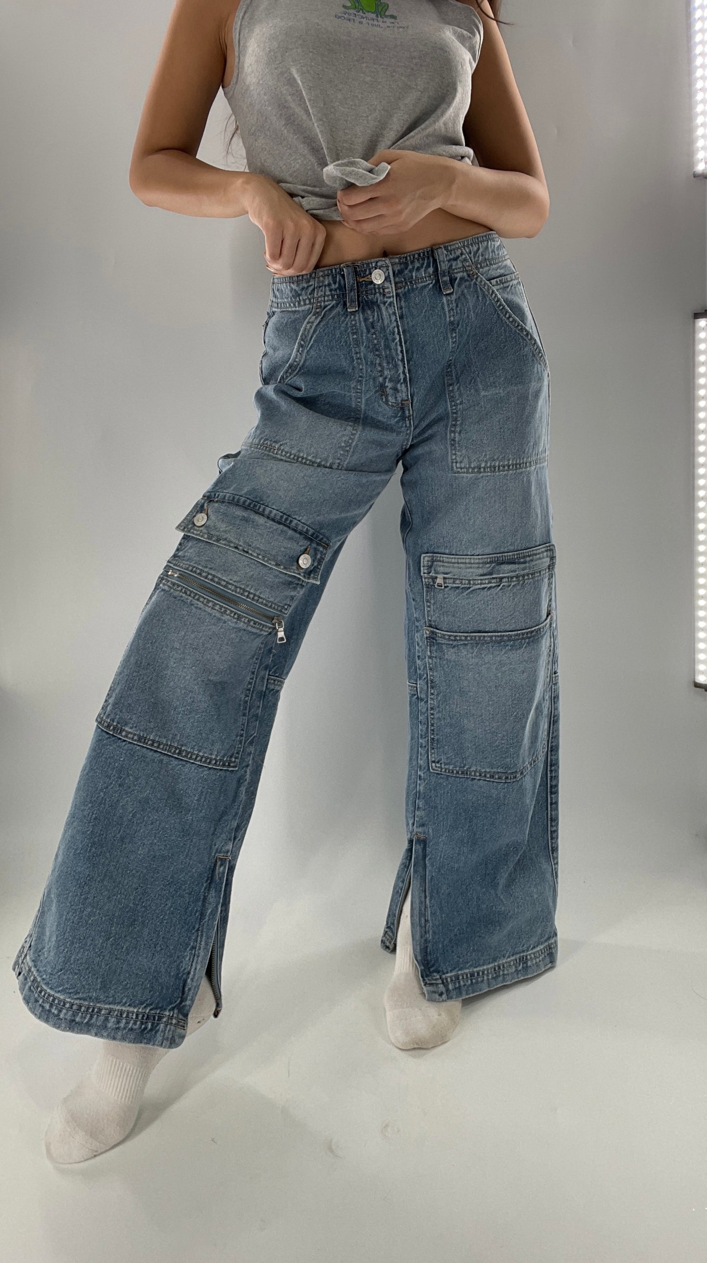 Free People Wide Leg Cargo Jeans Covered in Pockets, Zippers and stitching (27)