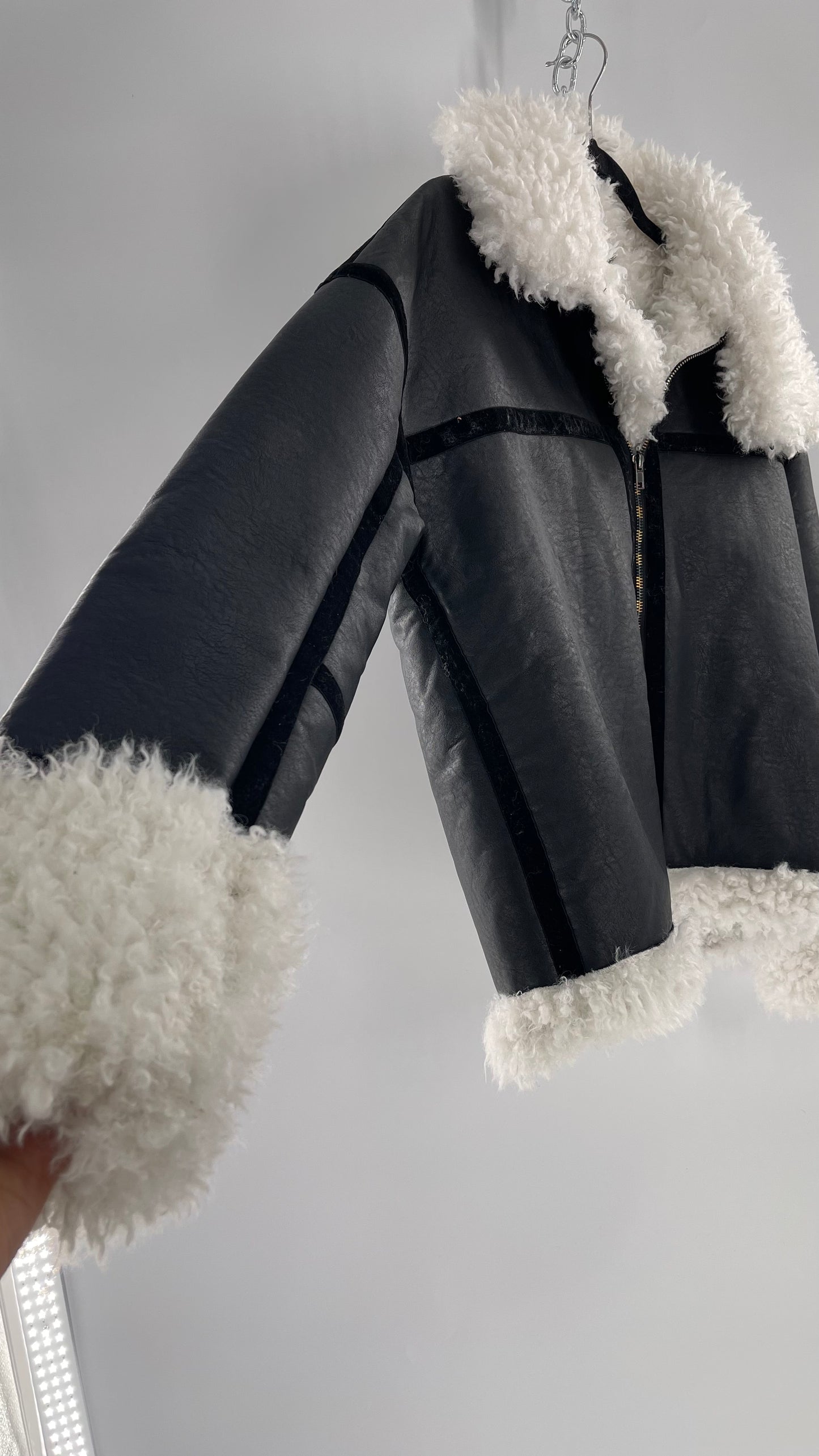 LIONESS Phoenix Jacket Black Faux Leather White Fur Trim (Large)