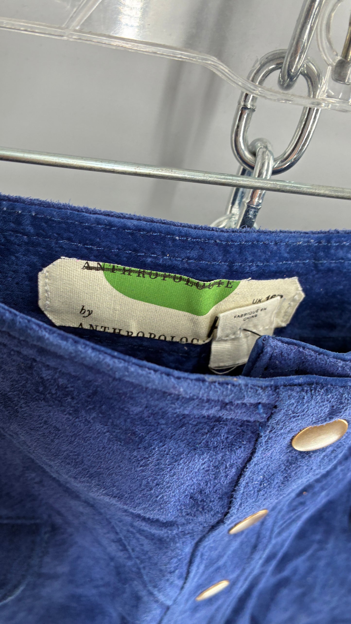 Anthropologie Royal Blue Suede Leather Button Front Skirt with Pocket Details and Vintage Stitching (12P)