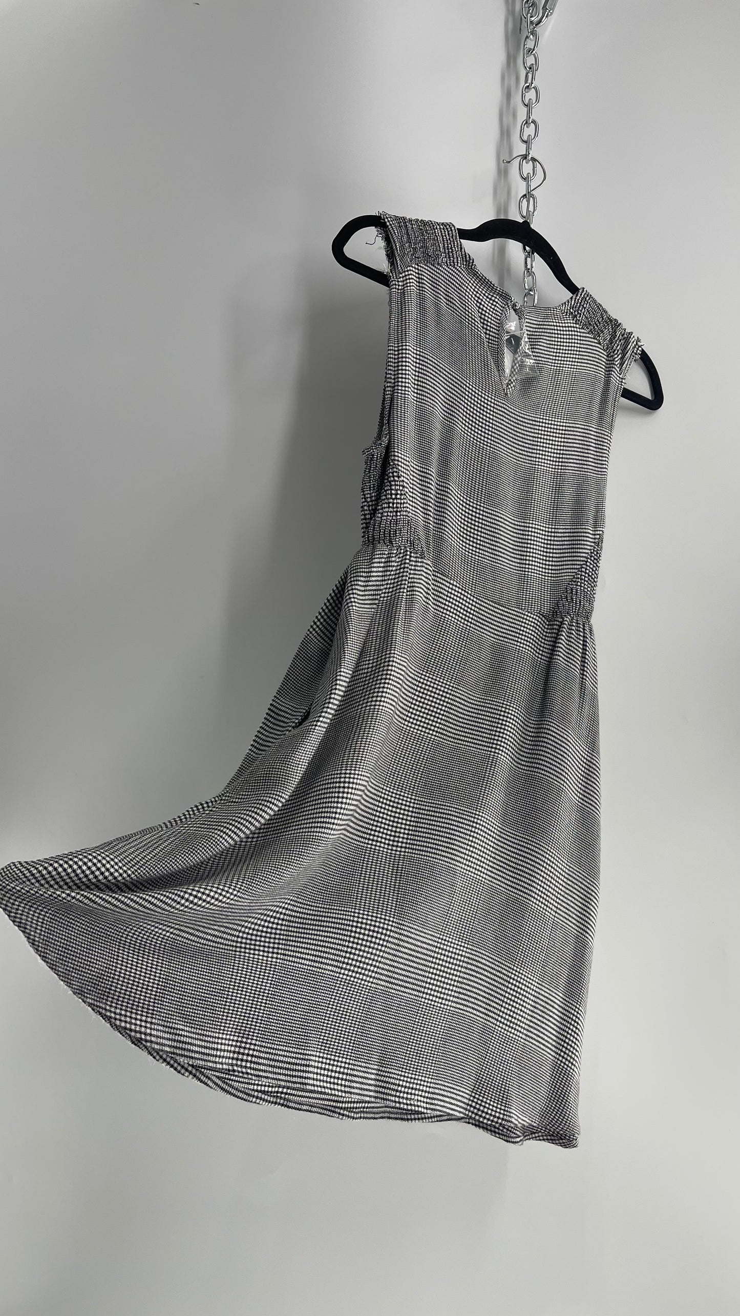 Free People Black and White Plaid Woven Dress with Smocked Details (M)