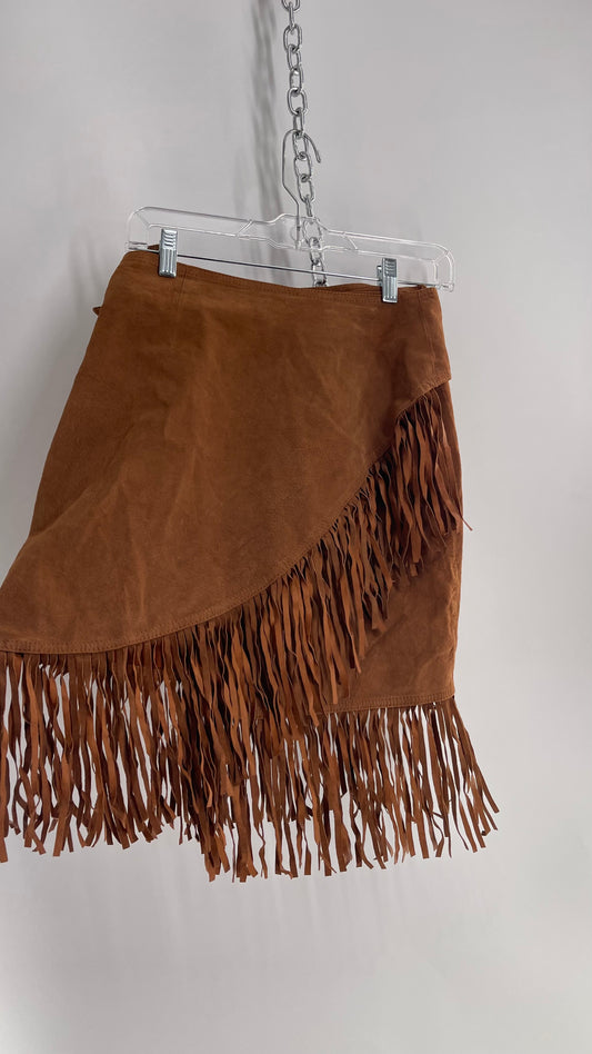 Vintage Cedars Brown Genuine Suede Leather Fringe Skirt (Medium)