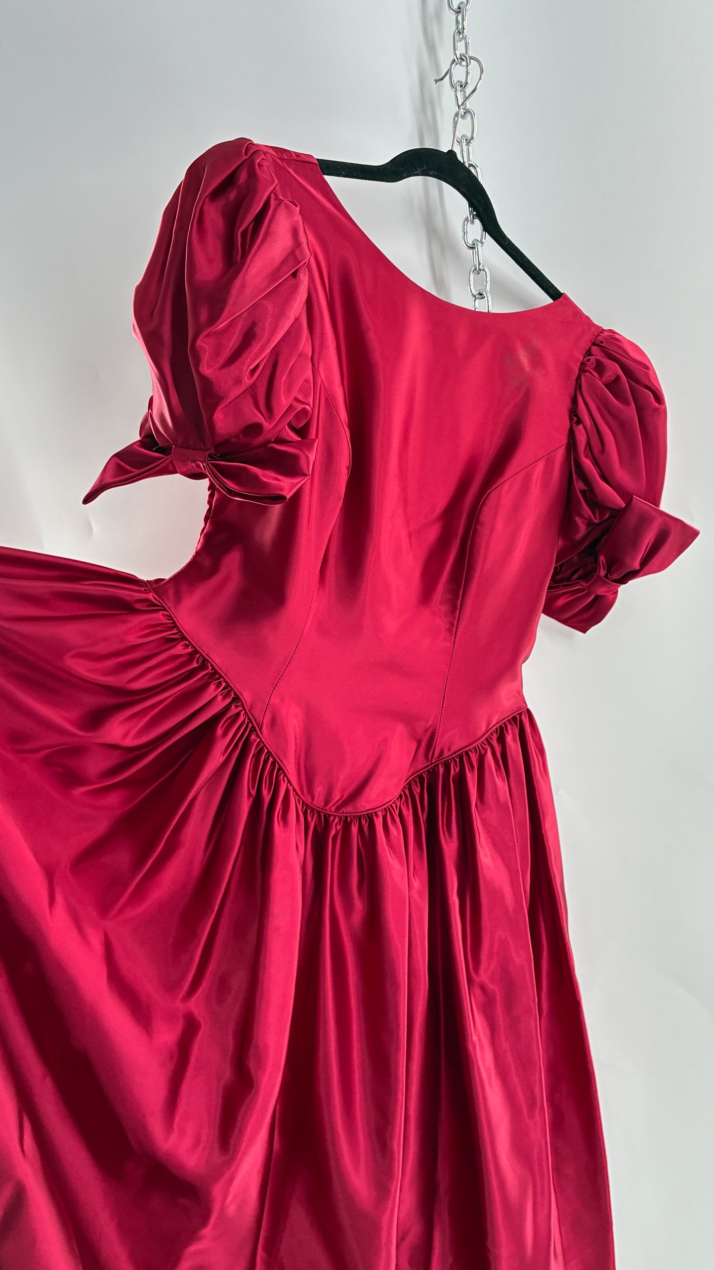 Vintage Red Silky Satin Corset Style Dress with Sweetheart Neckline, Puff Sleeves, Oversized Bow Bum, Open Back and Draping Pearls (10P)