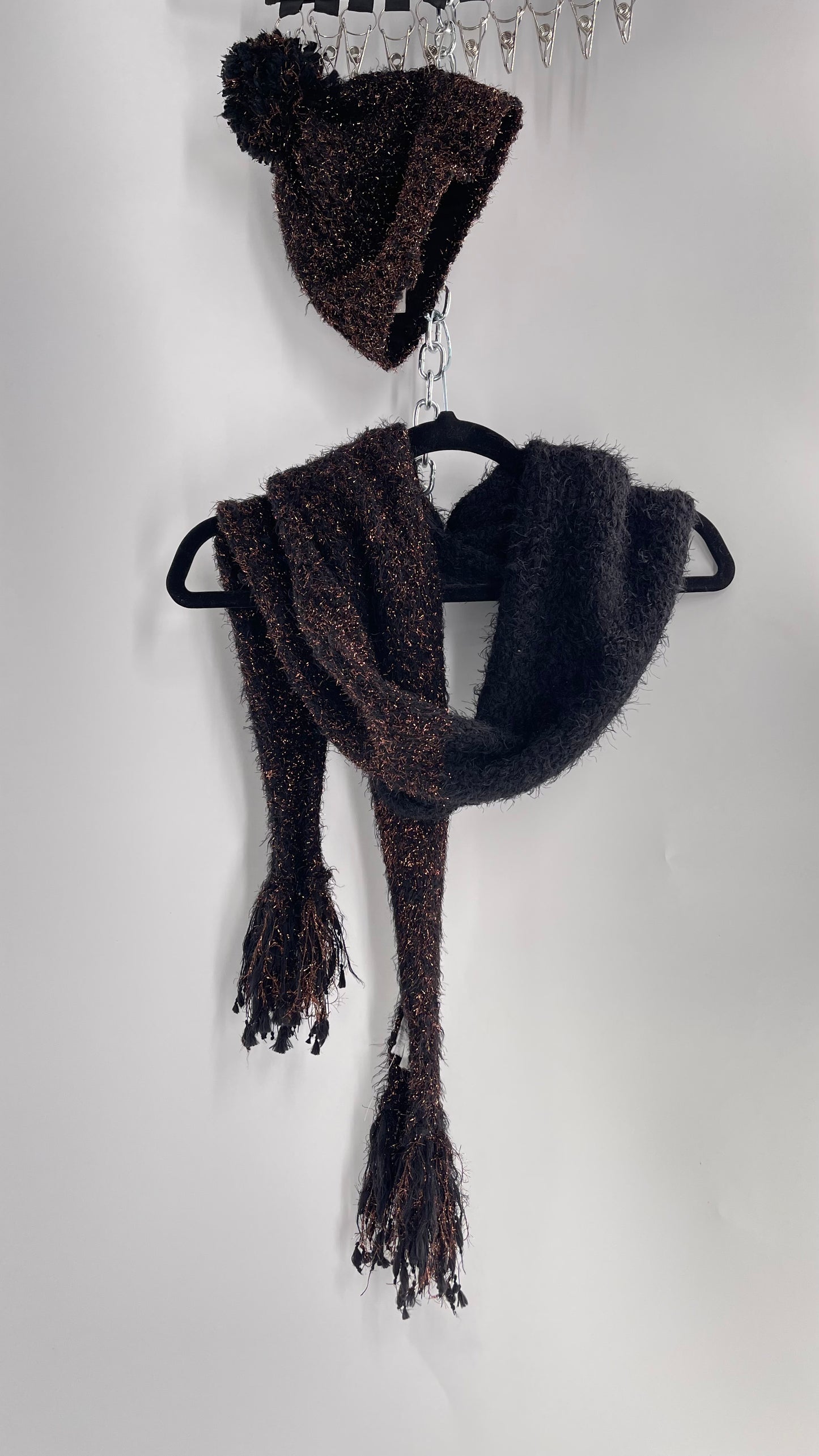 Anthropologie Bronze Tinsel Black Knit Beanie and Skinny Pom Scarf 2pc Set with Tags Attached