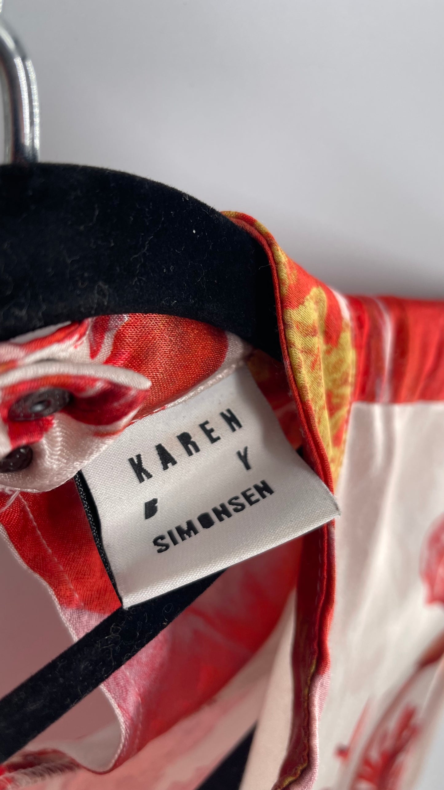 KAREN BY SIMONSEN Silky Champagne and Red Floral Patterned Balloon Sleeve Blouse (34)