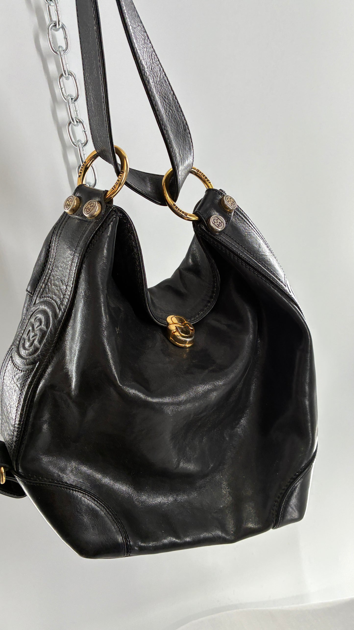 Vintage MARINO ORLANDI Black Leather Purse Made in Italy with Gold Embossed Hardware