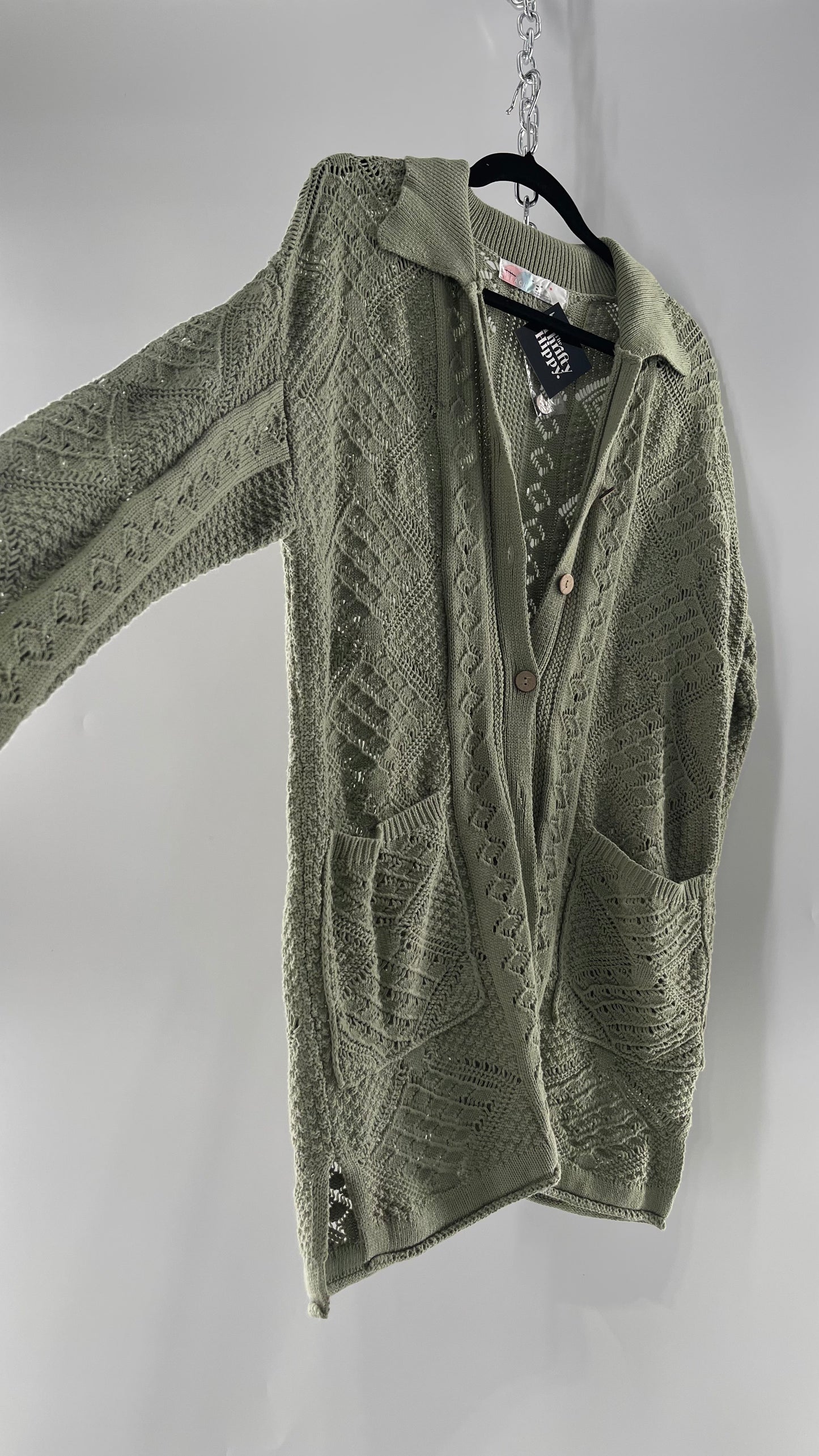 Free People Beach Sage Green Crochet Wooden Button Front Cardigan and Wide Leg Set (Medium)