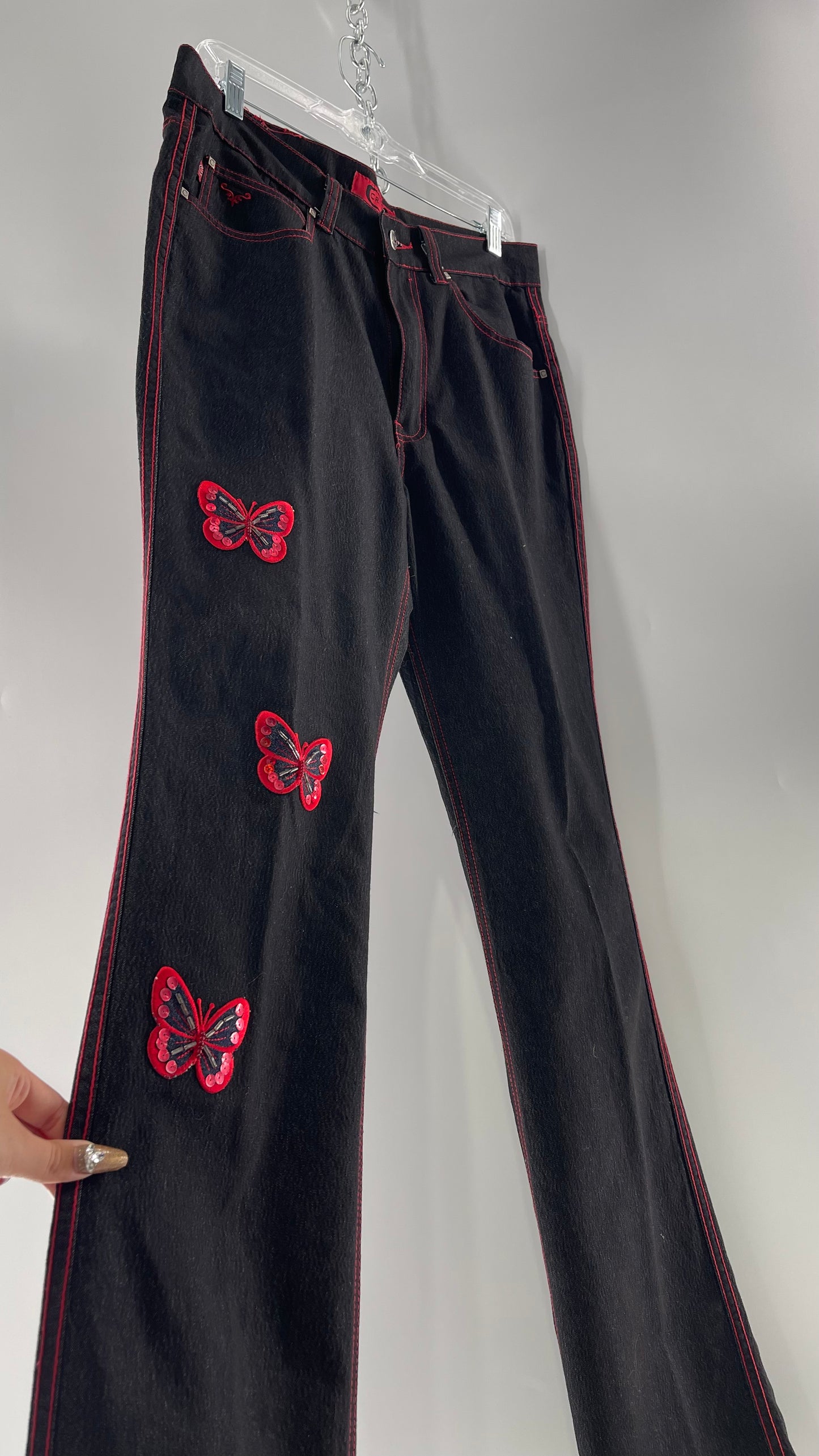 Rare Vintage Black Crest Jeans with Red Contrast Stitching and Butterfly Embroidery on Thigh and Back Pockets (14)