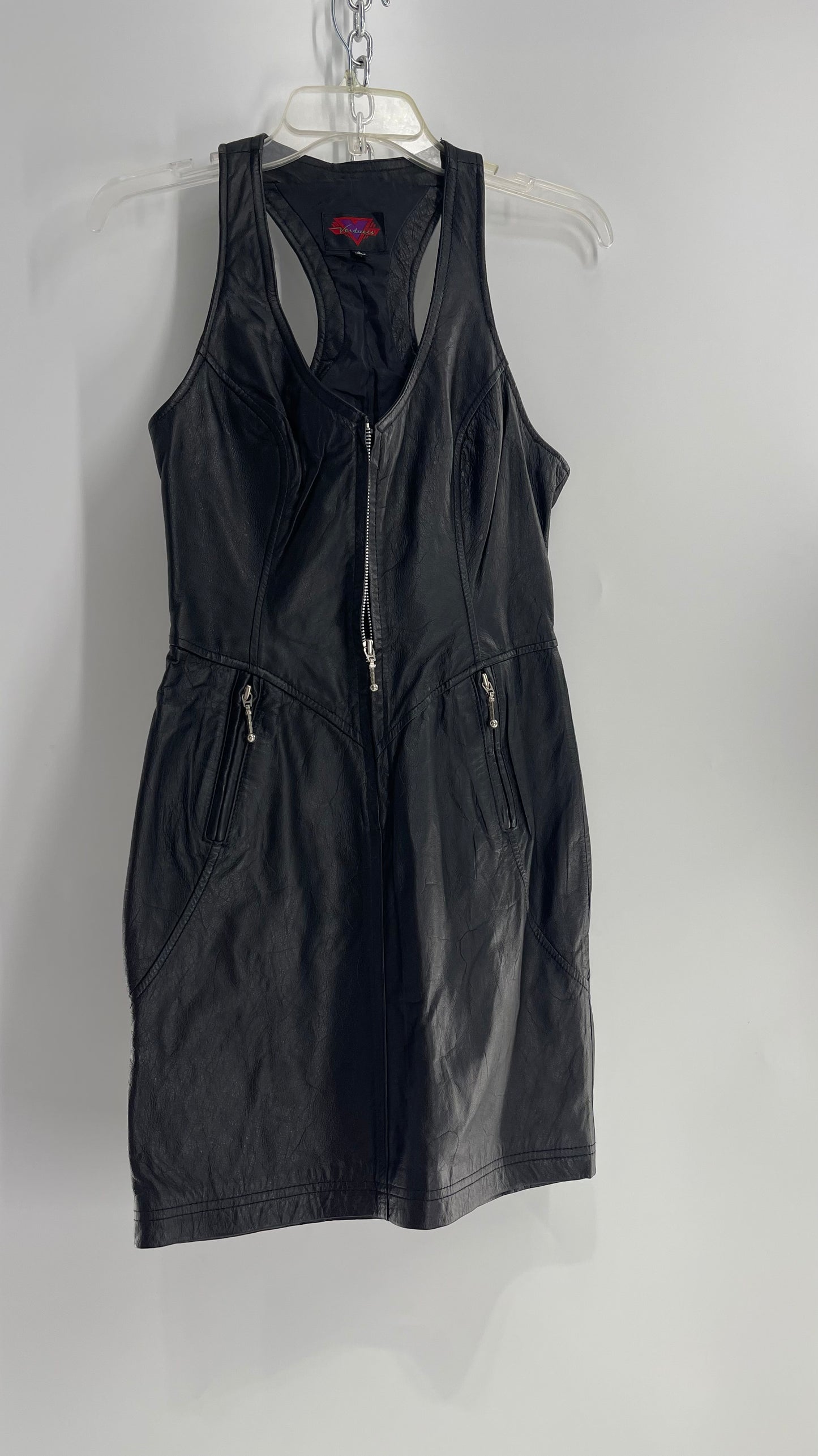 Vintage 1980s VERDUCCI Black Leather Zip Front Mini Dress (Small)