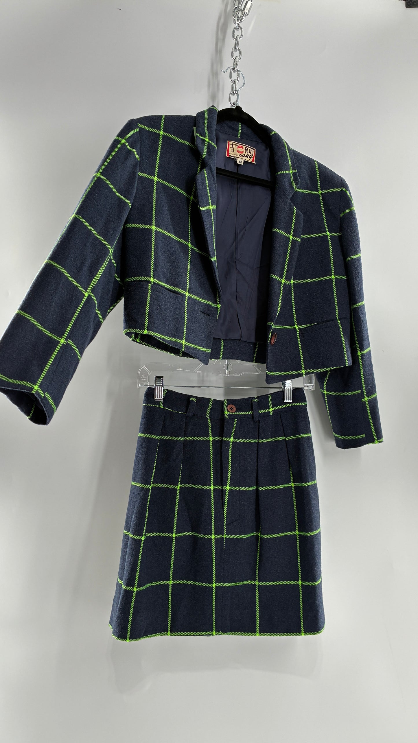 Vintage FIORUCCI GANG Navy and Neon Green Plaid Suit Set with Cropped Blazer and Mini Skirt (40,42)
