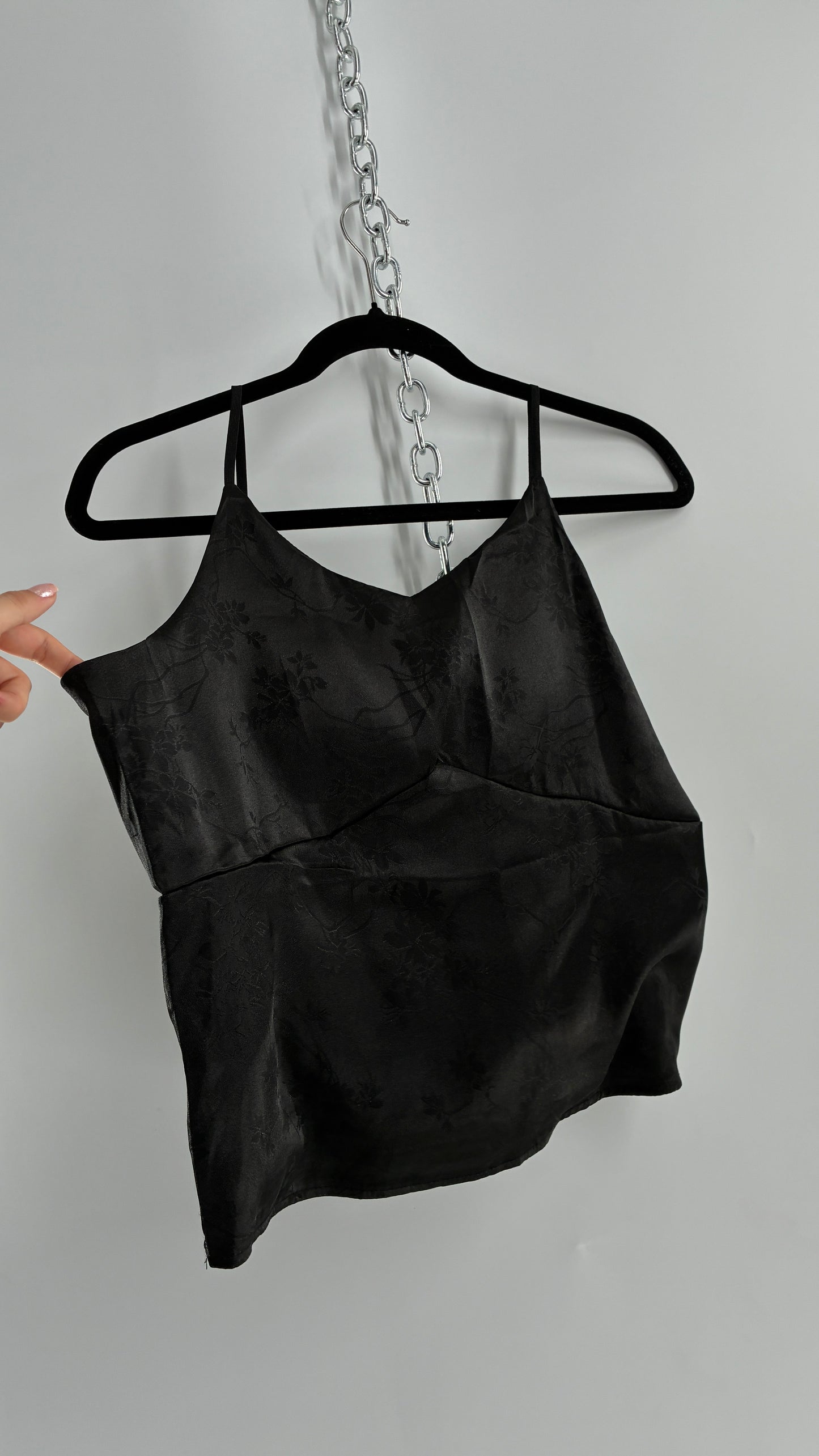 Vintage Black Silky Floral Camisole with Built in Padding (Large)