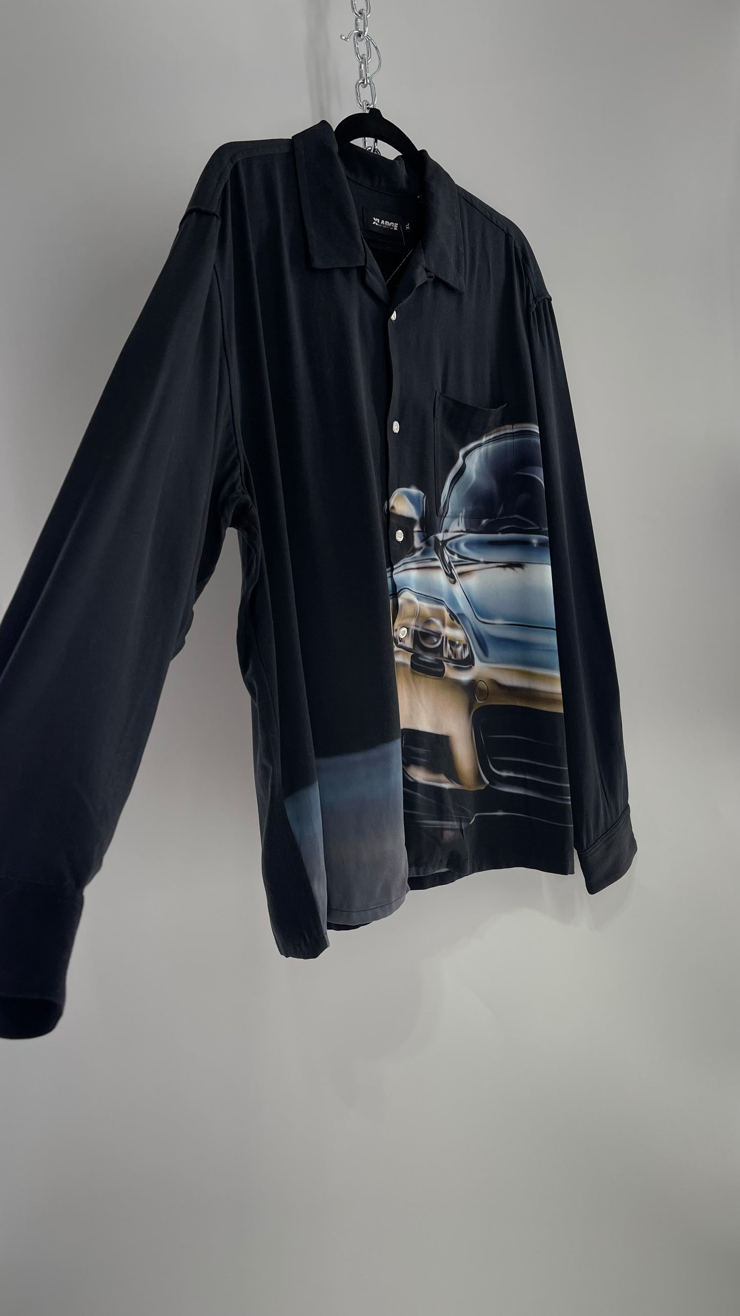 XLARGE Black 100% Rayon Men’s Button Up with HD Futuristic Car Graphic (XL)