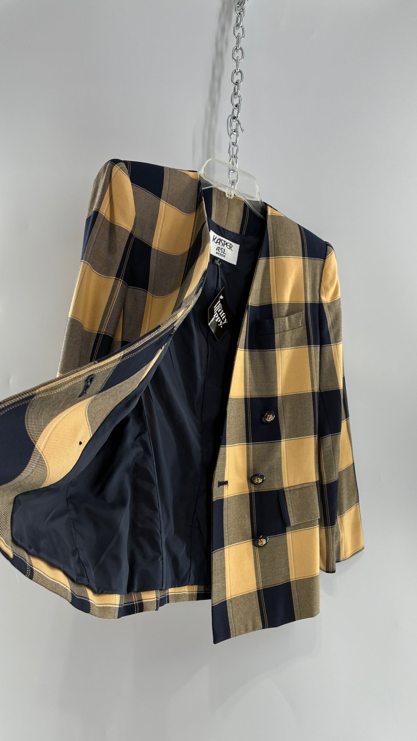 Vintage Suit Set with Yellow Plaid Double Breasted KASPER A.S.L Blazer and Upcycled Wool Mini Skirt (6)