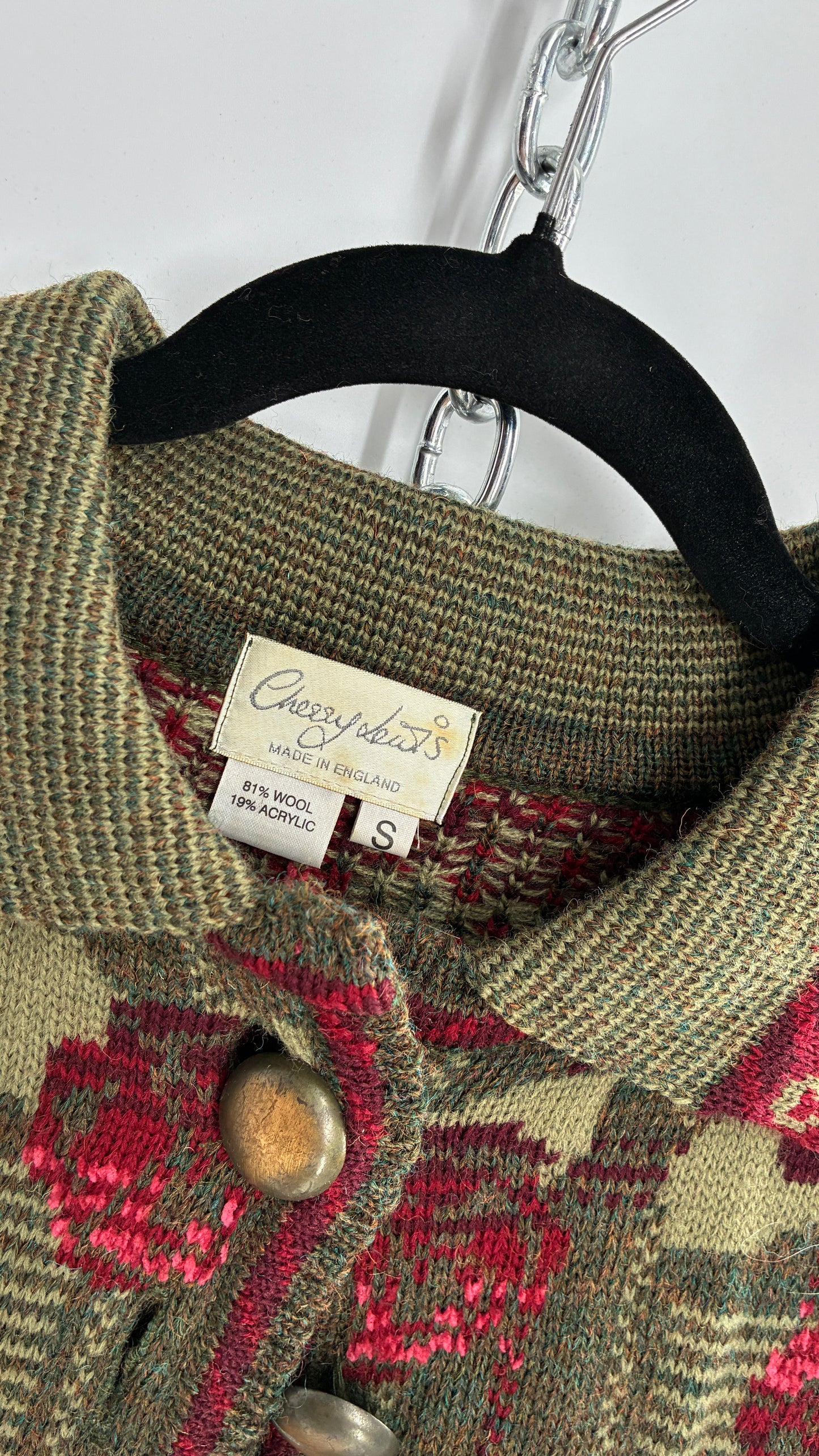 Vintage Cherry Lewis Made in England 81% Wool Thick Knit Sweater Jacket with Rosettes (Small)