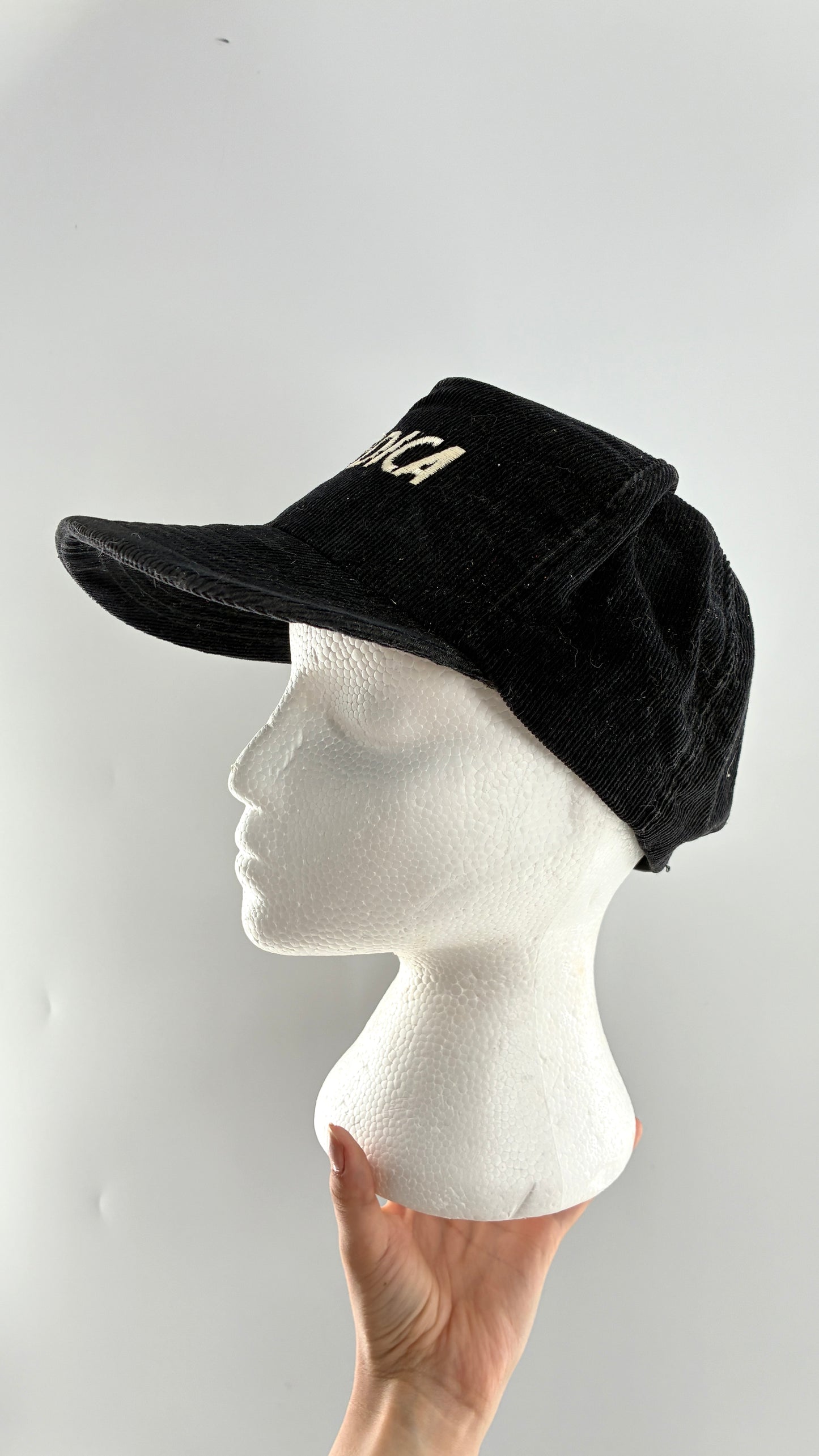 Vintage 1980s NORDICA Sportswear Black Corduroy Embroidered SnapBack Hat