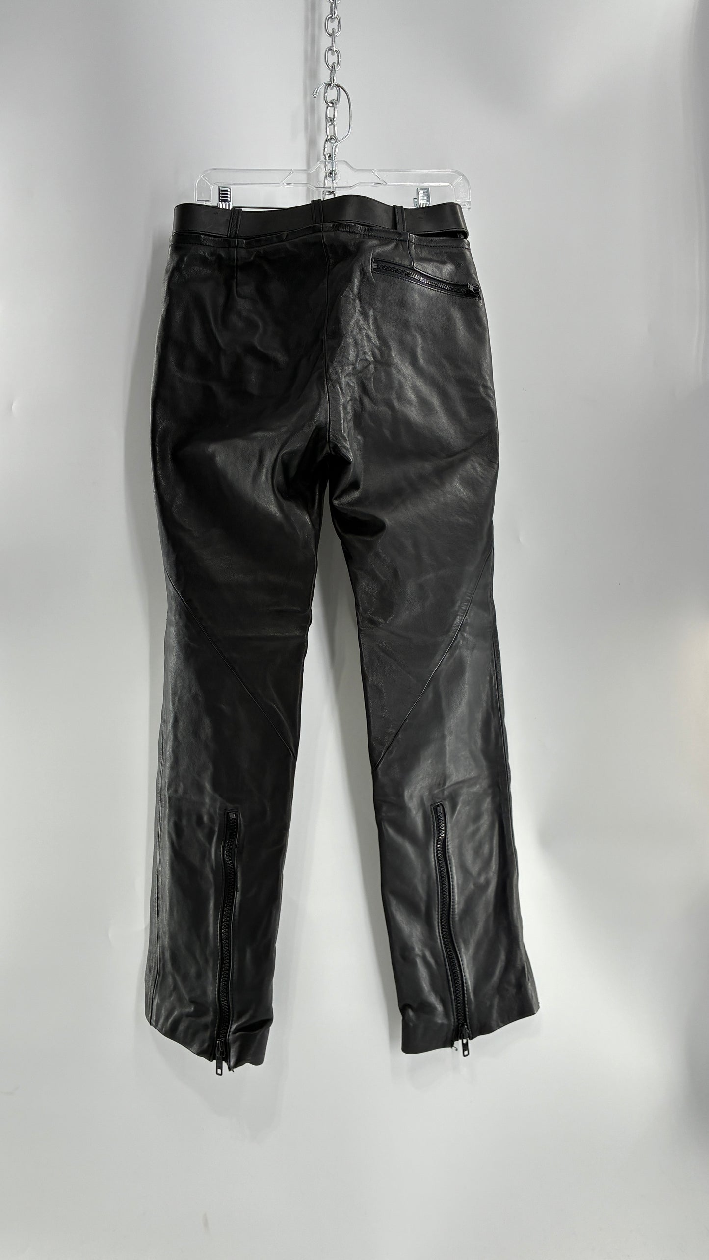 Vintage Black Italian Leather Motorcycyle Pants with Built In Belt and Zipper Detailing (XS)