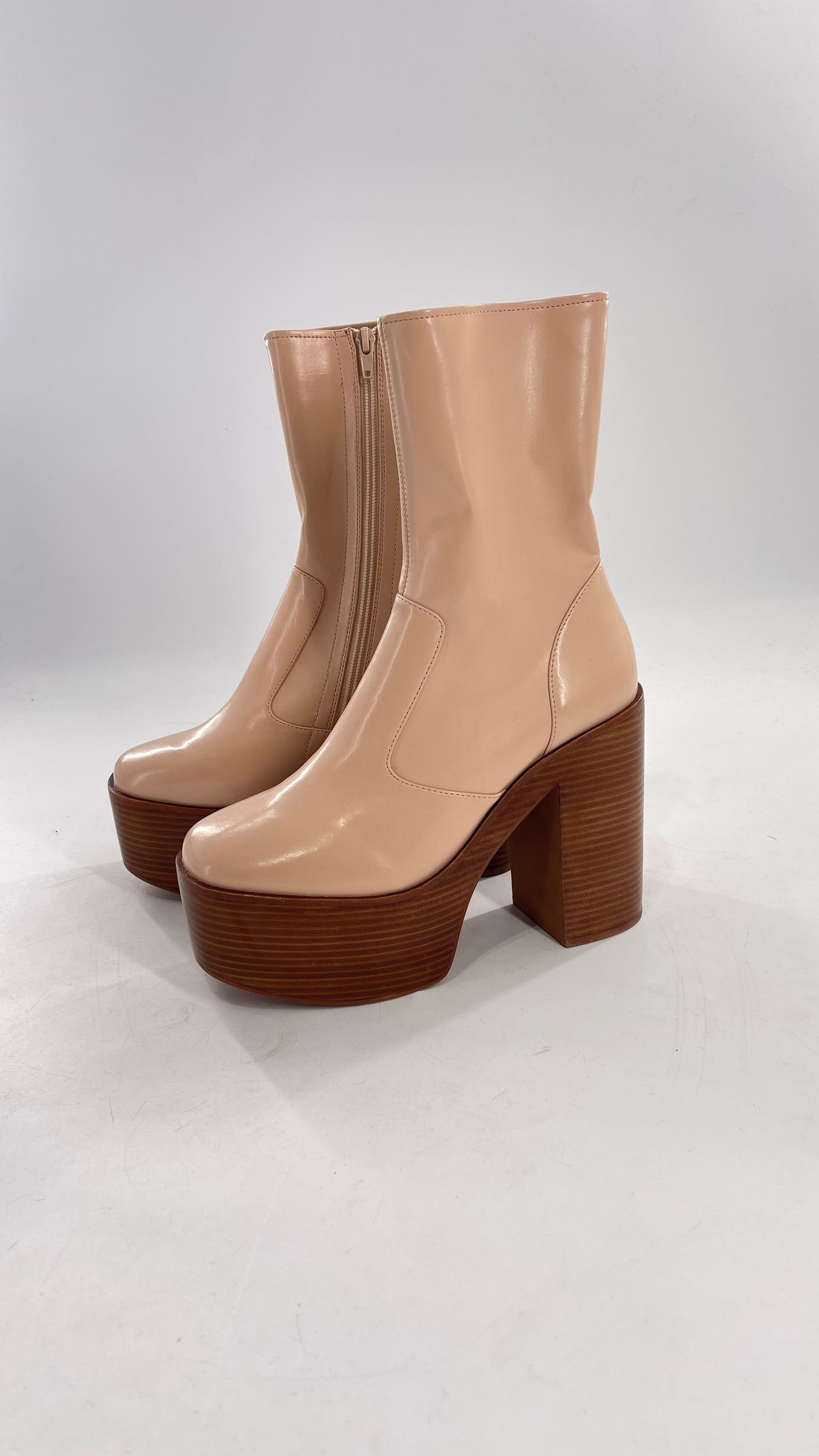 Free People X Jeffrey Campbell Mexique GoGo Boots • Beige Patent Boot with Wood Grain Chunky Block Heel and Platform (9)