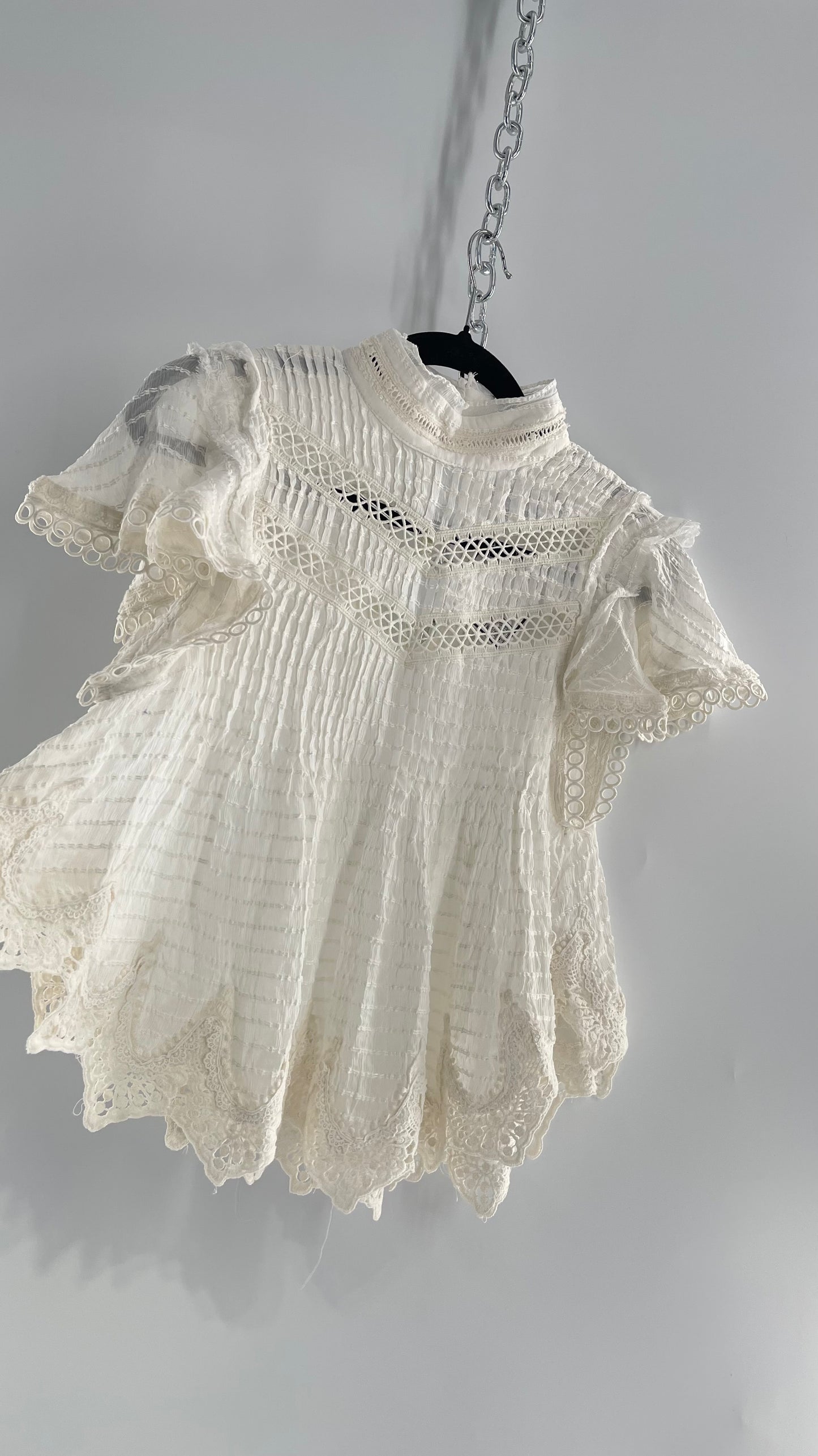 Kimchi Blue White 68% Viscose 32% Cotton Romantic Blouse with High Neck, Textured Body, and Scalloped Lace Hem and Sleeves (Small)