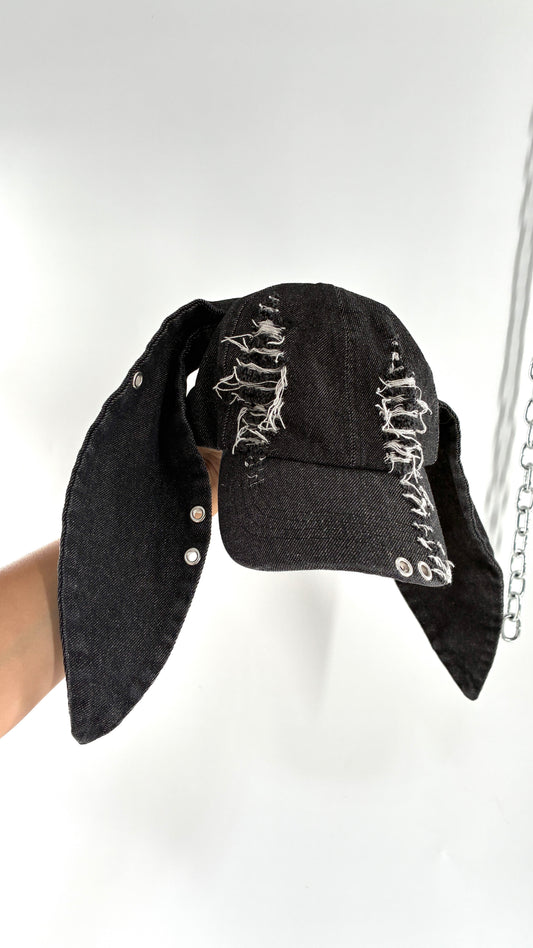 Vintage OLIVEGREY Black Distressed Denim Bunny Hat with Piercings