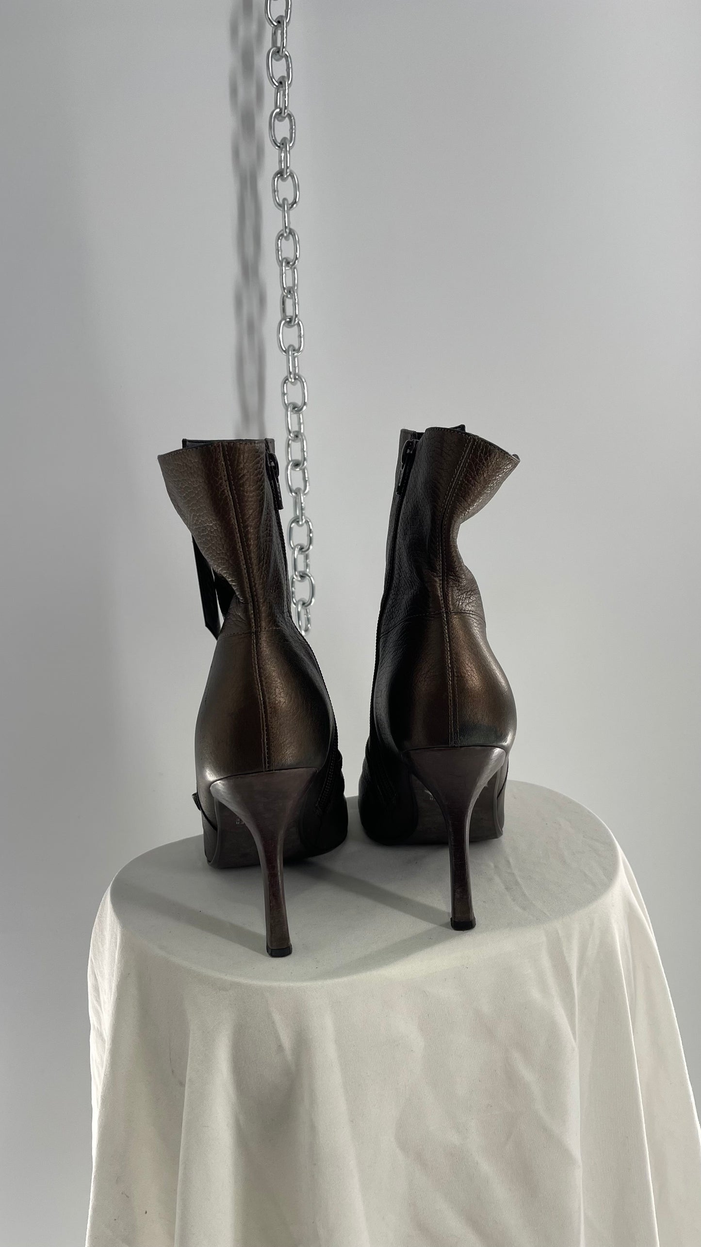 Vintage GIANNI Metallic Bronze Pointed Toe Buckle Strap Boots Made in Brazil (38)