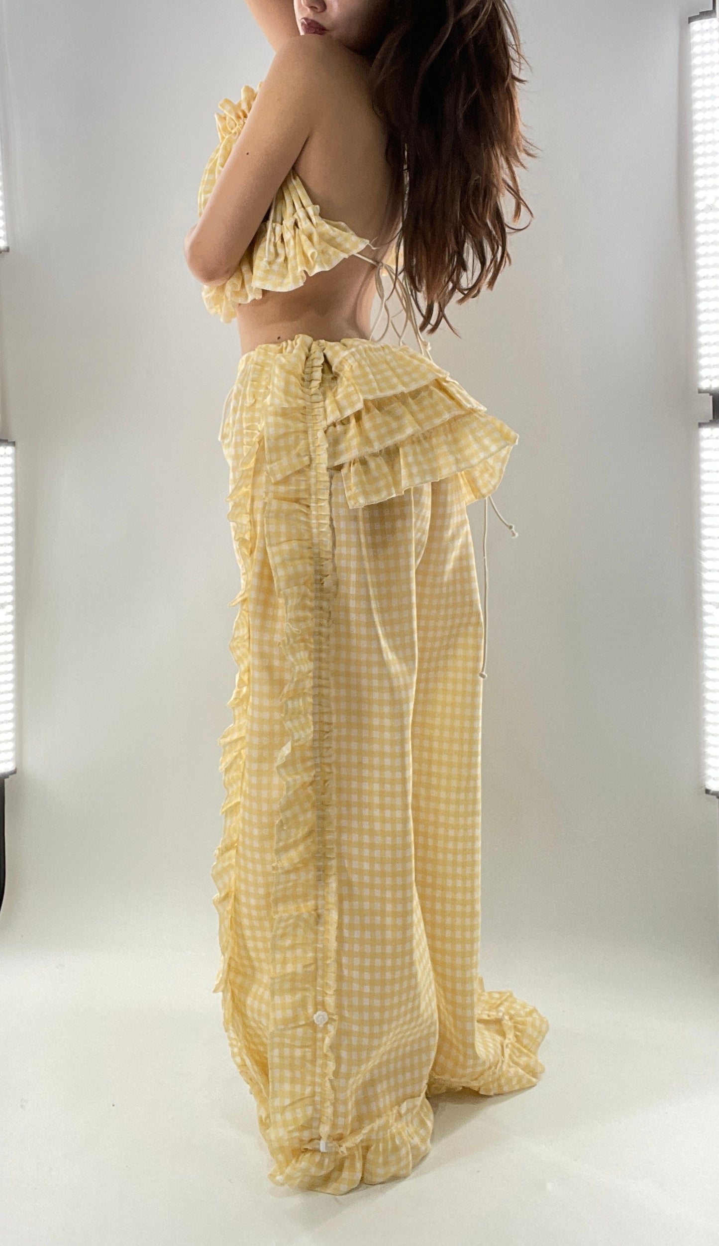 Vintage 2 Piece Yellow Checkered/Gingham Patterned Picnic Set with Ruched Bust Top and Ruffle Side Wide Legs with Adjustable Length, Strap Up Buttons on Hem (One Size)