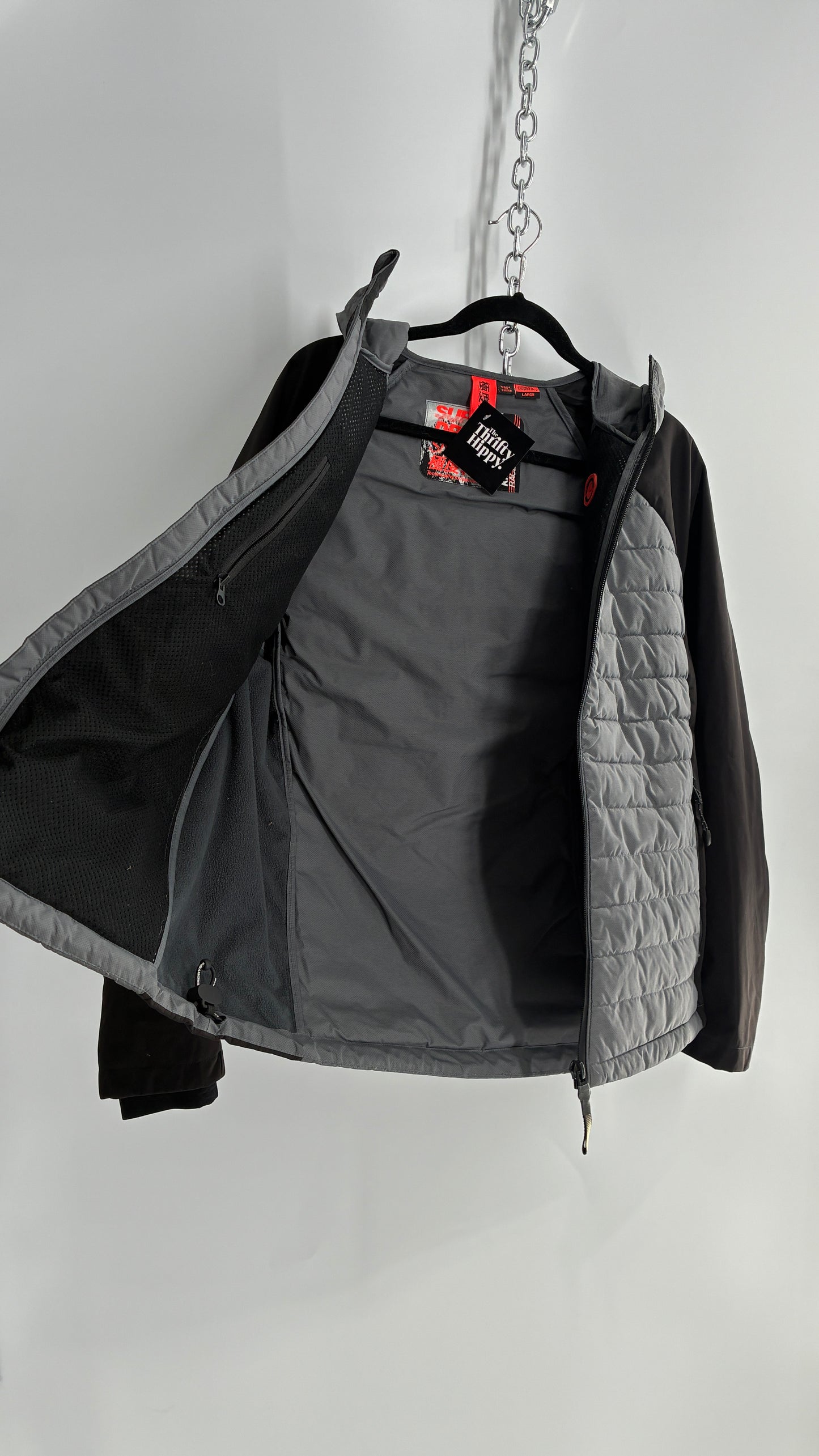 Super Dry Black and Grey Puffer Winter Jacket (Large)