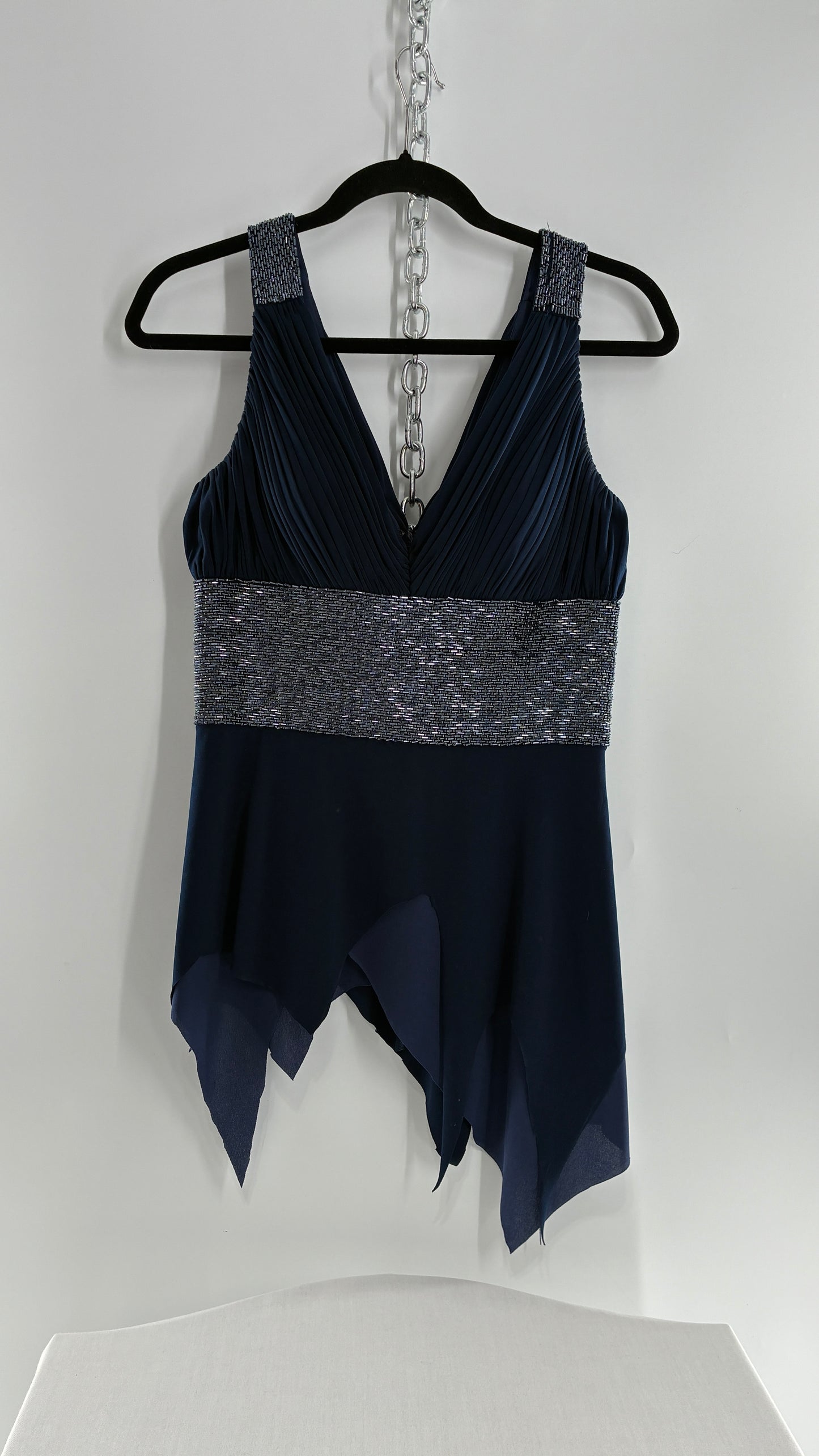 Vintage JS Boutique 1990s Navy Blue Chopped Handkerchief Hem, Beaded Underbust Panel and Pleated Bust (6)