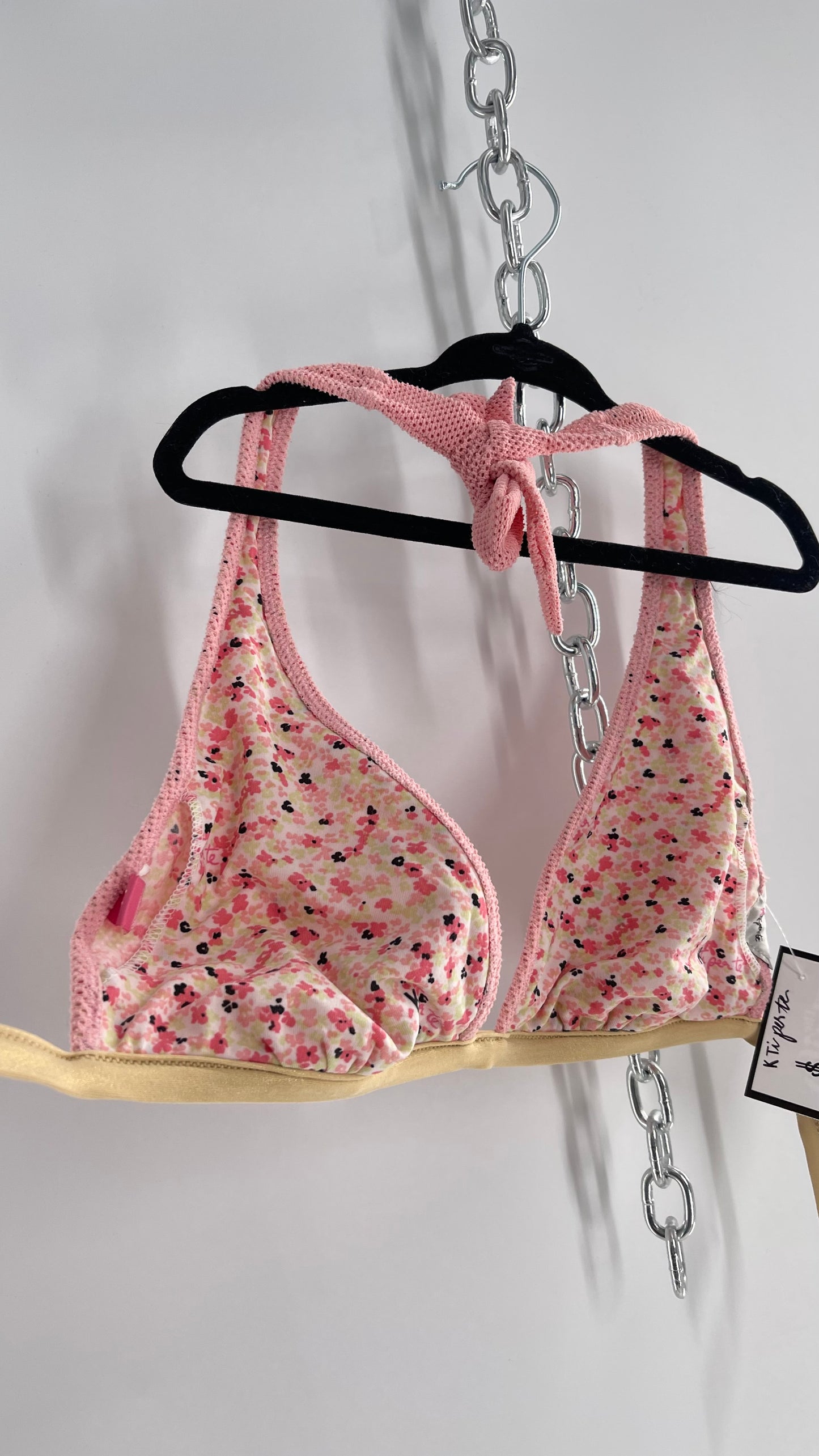 K ti per te Pink Floral and Mesh Halter Swim Top with Gold Glitter Strap (Medium)