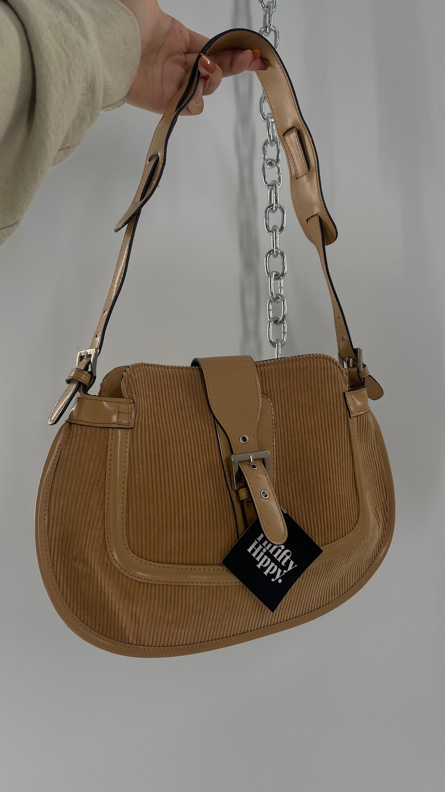 Vintage Tan Corduroy Bag with Buckle Closure