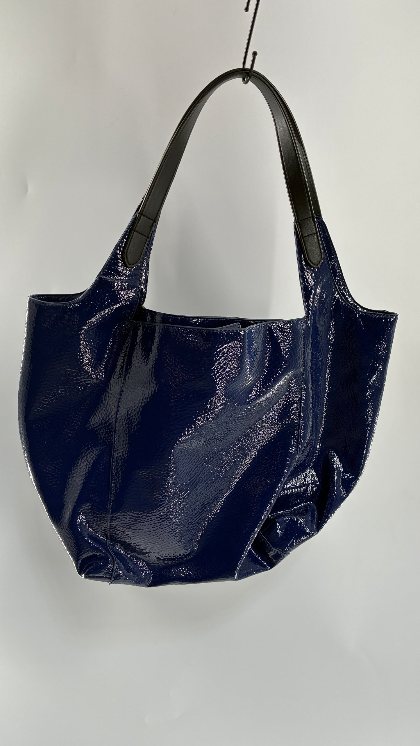 Vintage ARMANI EXCHANGE Navy Blue Patent Tote Bag with Contrasting Red Zipper