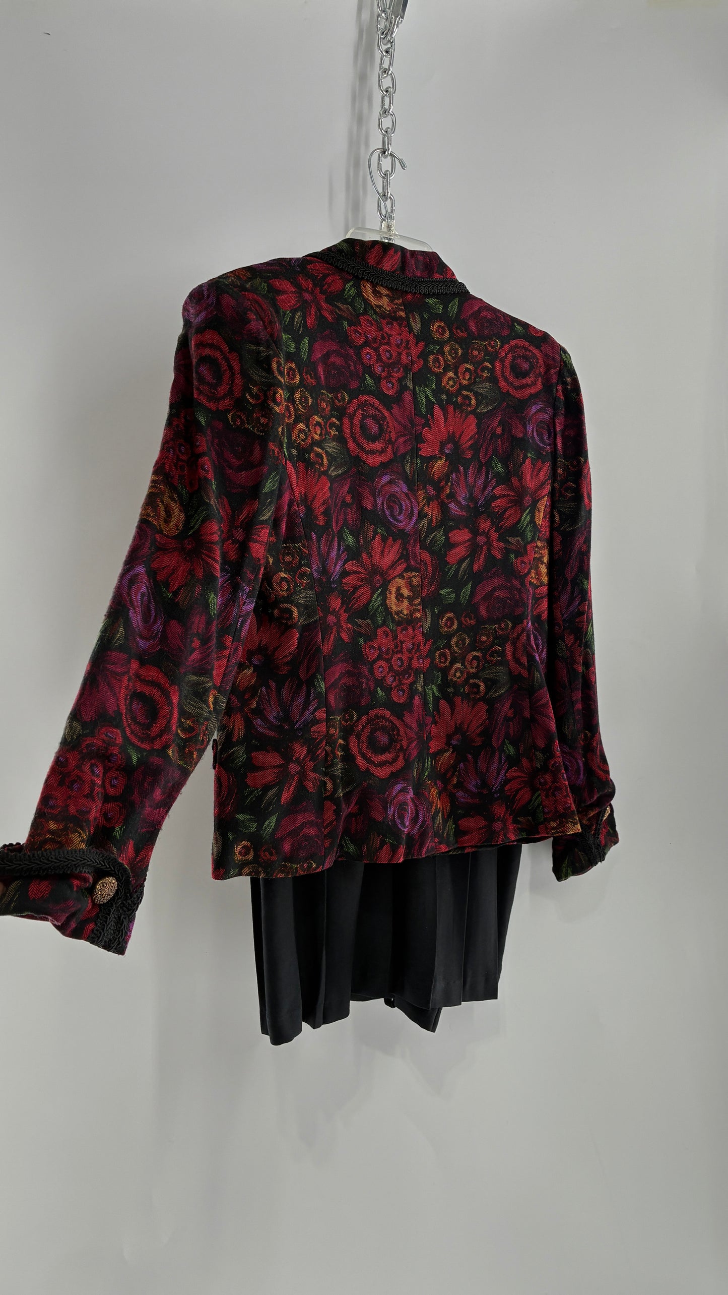 Vintage Suit Set with Gold Button, Deep Floral Blazer and Pleated Upcycled Mini Skirt (6)